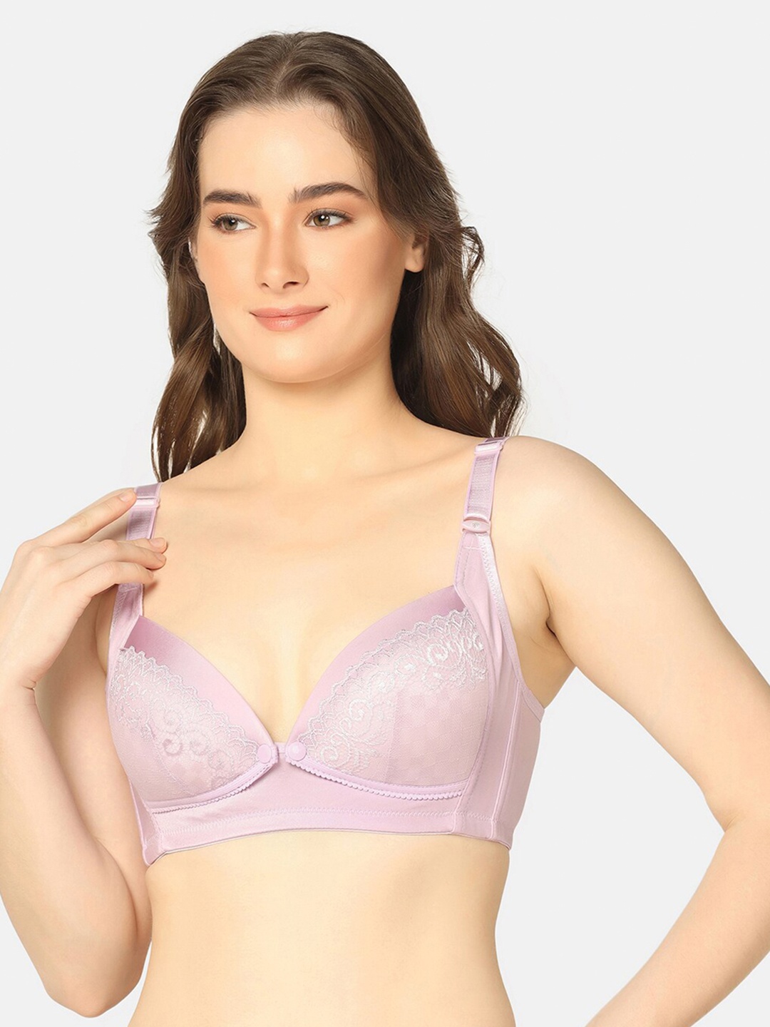

MAMMA PRESTO Non-Wired Lightly Padded Front Open Lace Design Nursing Bra Anti Bacterial, Purple