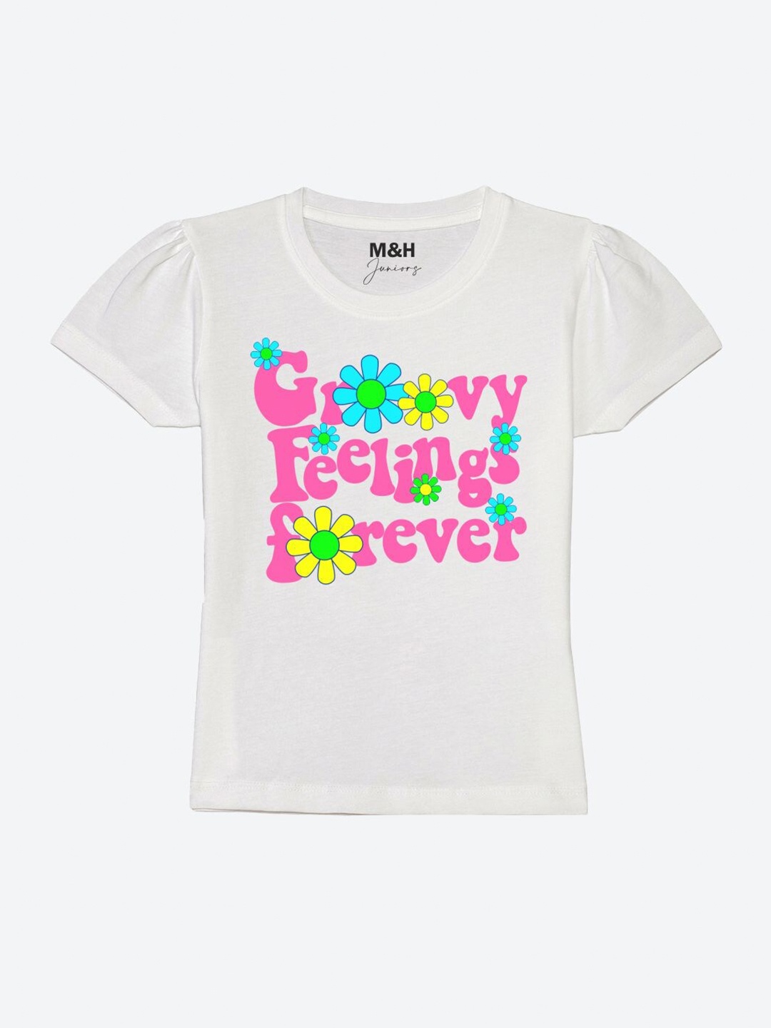 Mast & Harbour Girls White Typography Printed Pure Cotton Round-Neck T-Shirt