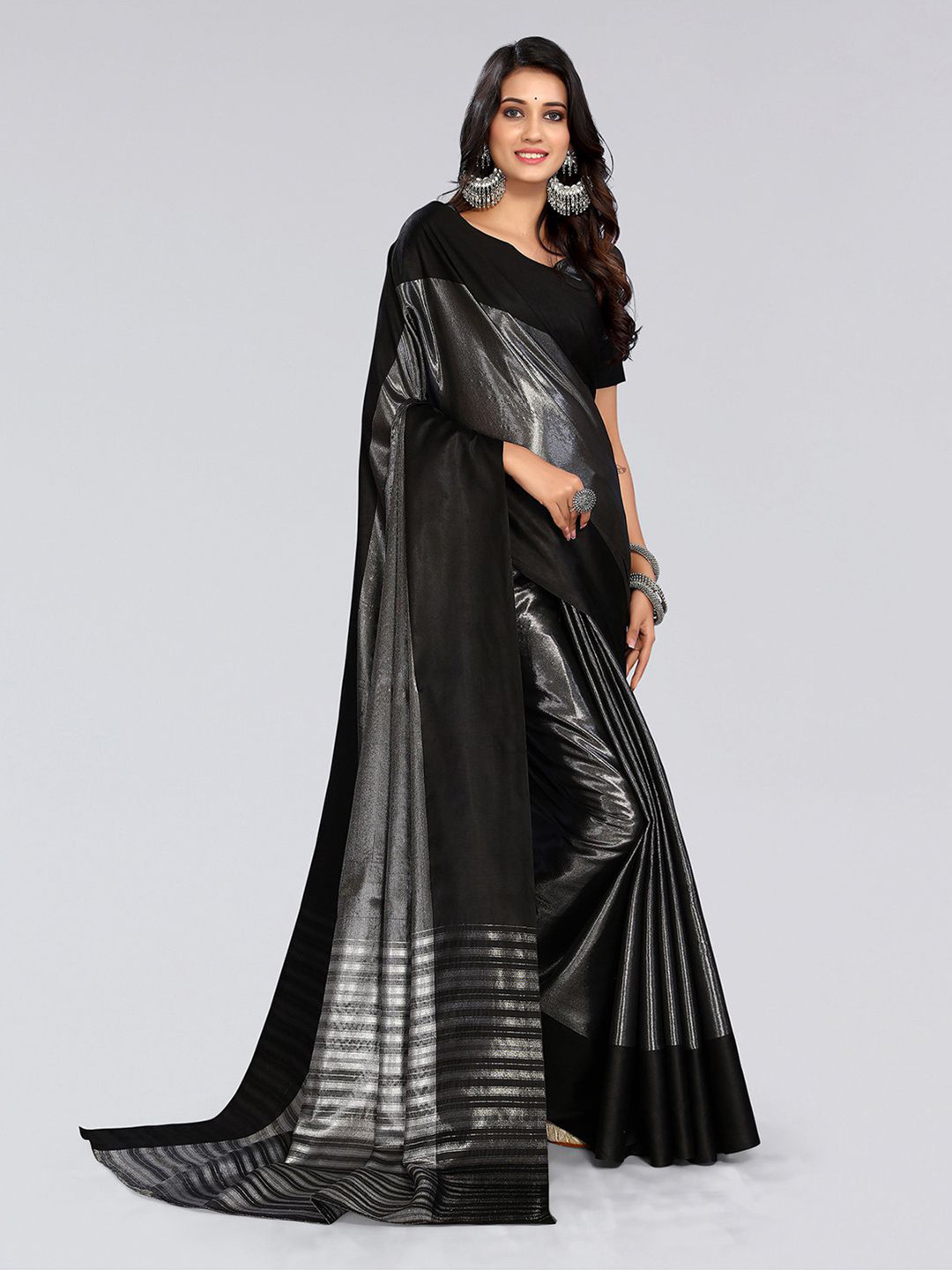 

SIRIL Black & Silver-Toned Zari Saree