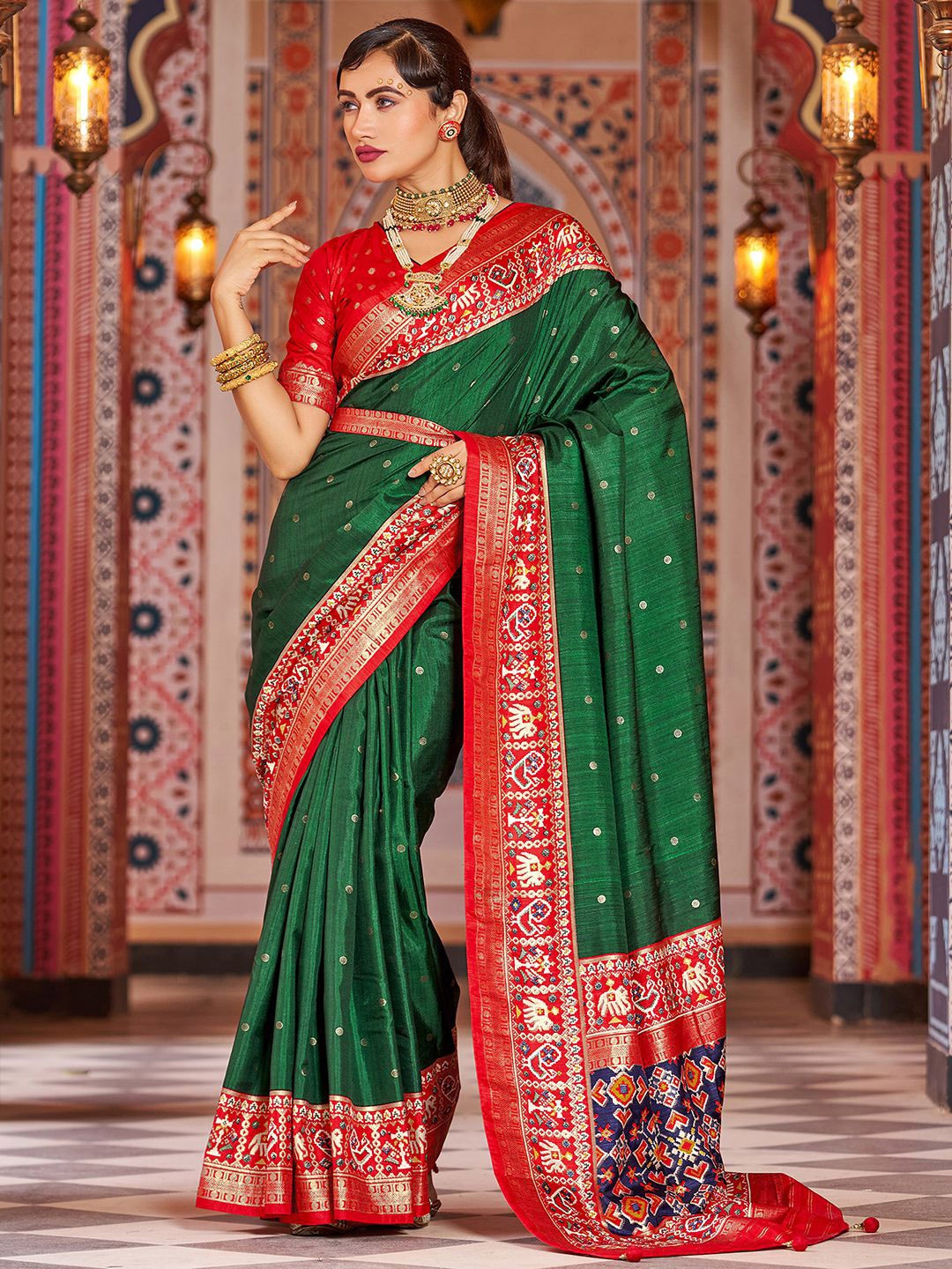 

Mitera Green & Red Ethnic Motifs Printed Zari Saree