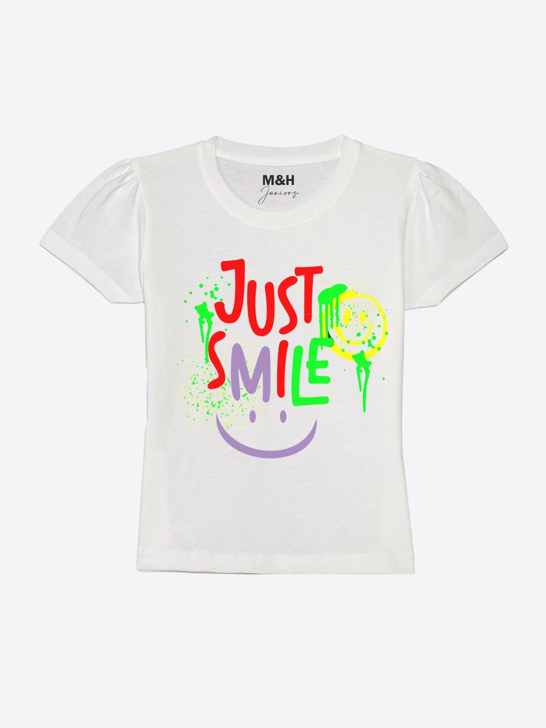 Mast & Harbour Girls White Typography Printed Puff Sleeves T-shirt