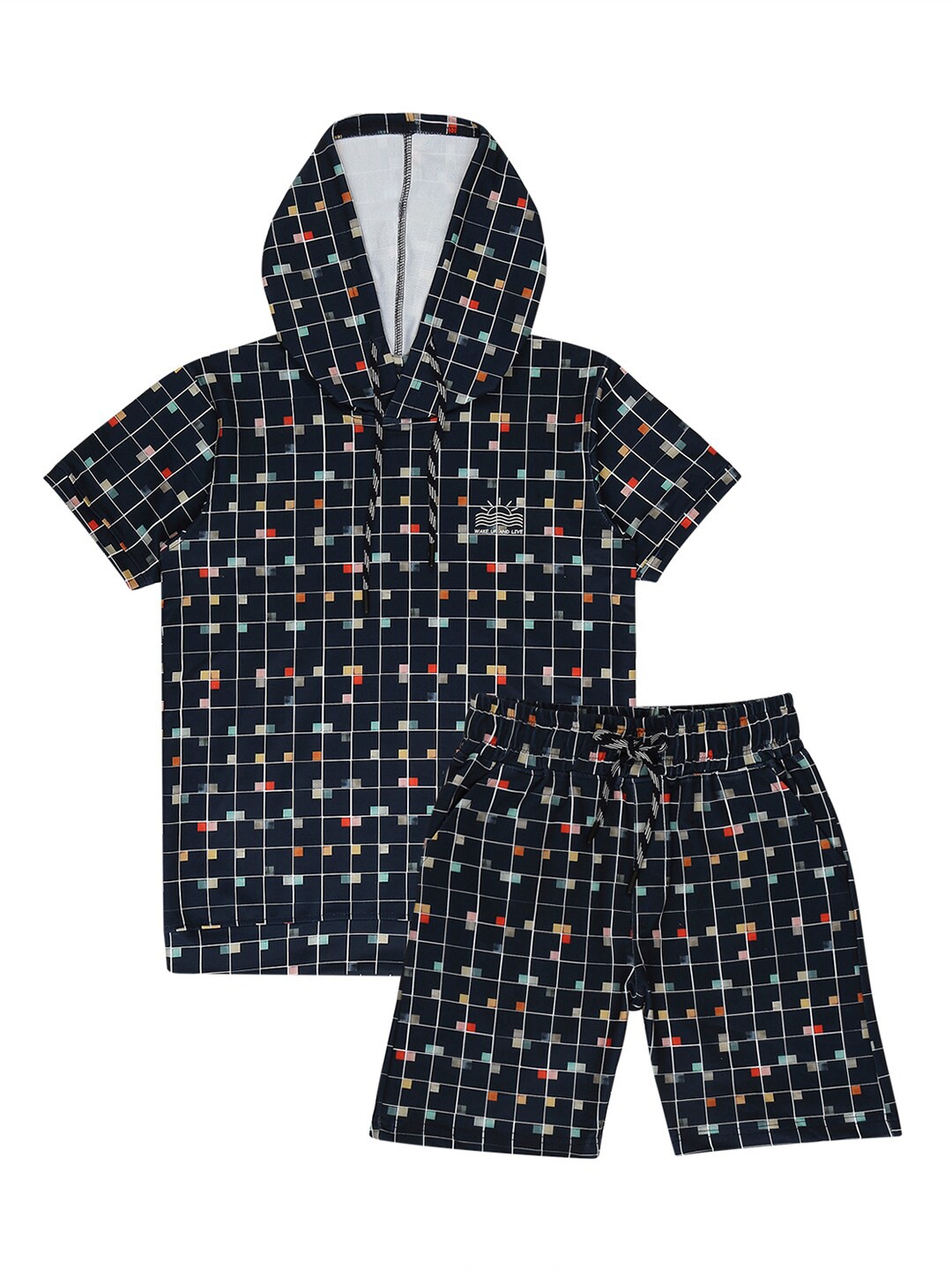 

CAVIO Boys Checked Pure Cotton T-shirt With Shorts, Navy blue