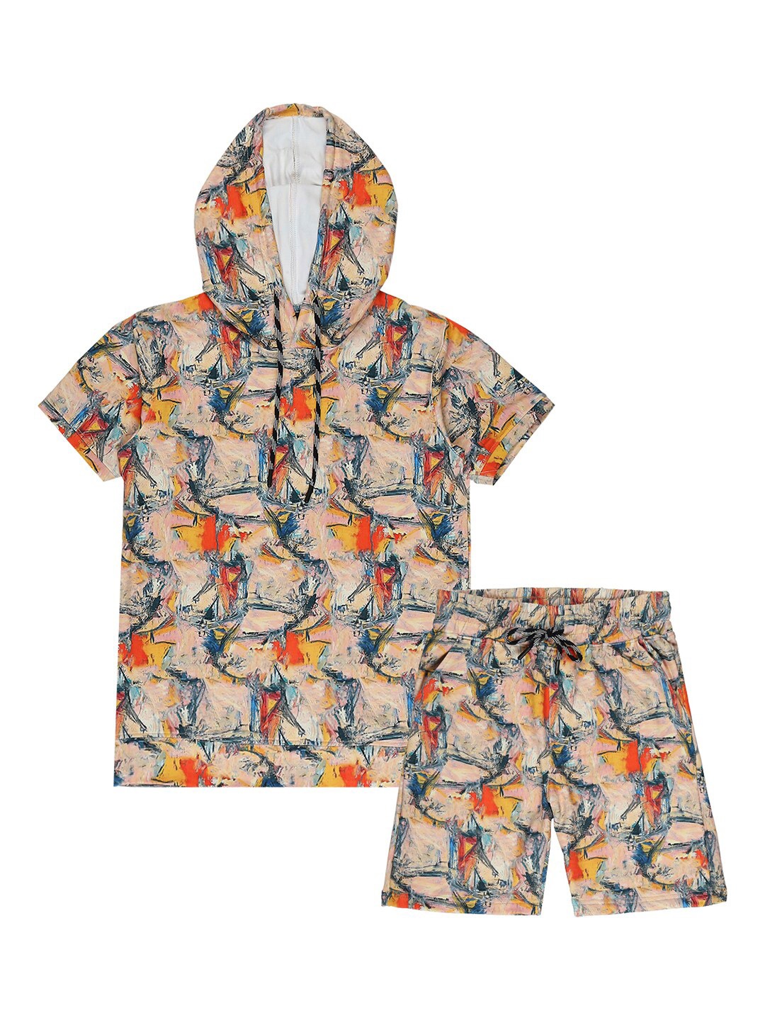 

CAVIO Boys Abstract Printed Pure Cotton T-shirt With Shorts, Peach