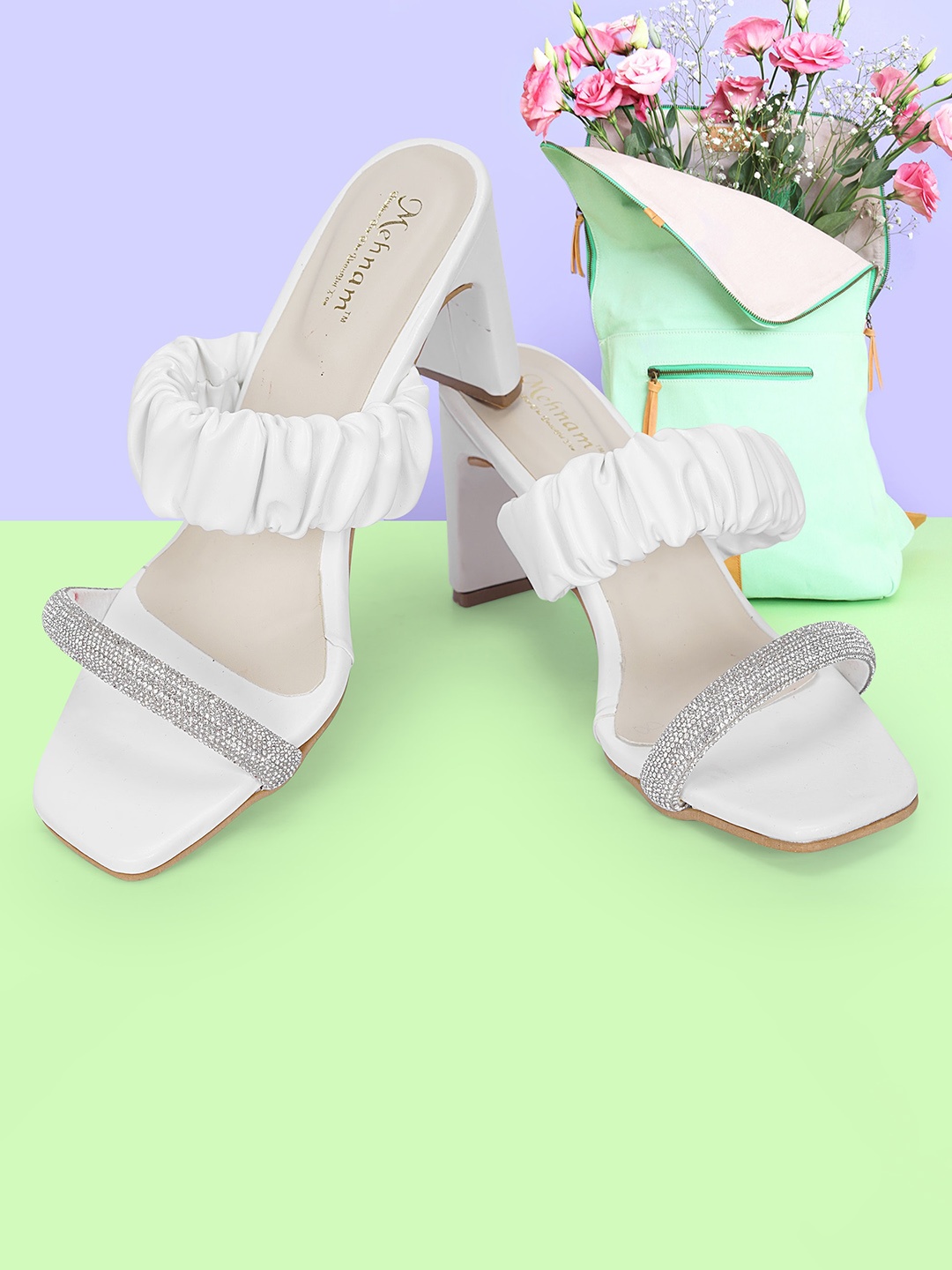 

MEHNAM Ruched Embellished Open Toe Slim Heels, White