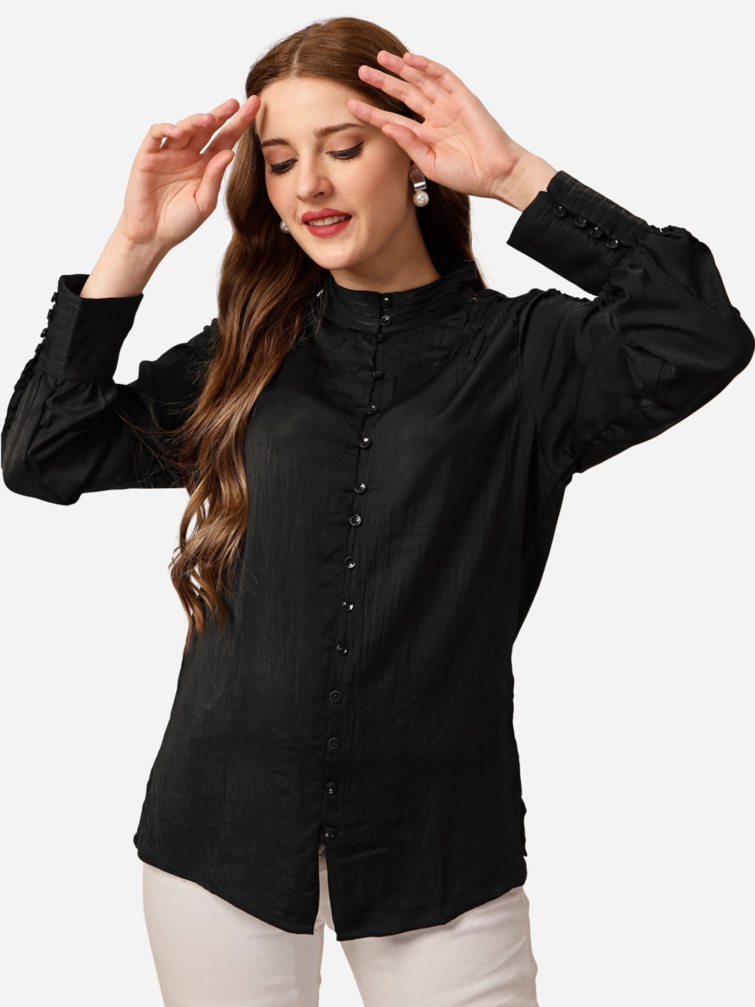 

Mclothings Mandarin Collar Cuffed Sleeves Lace Up Detail Satin Shirt Style Top, Black