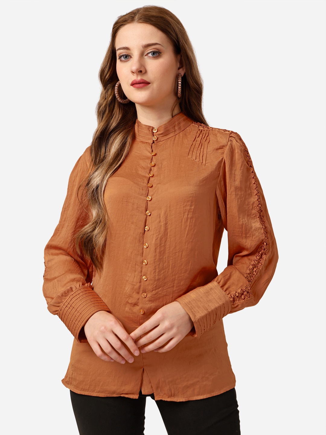 

Mclothings Band Collar Comfort Satin Casual Shirt, Rust