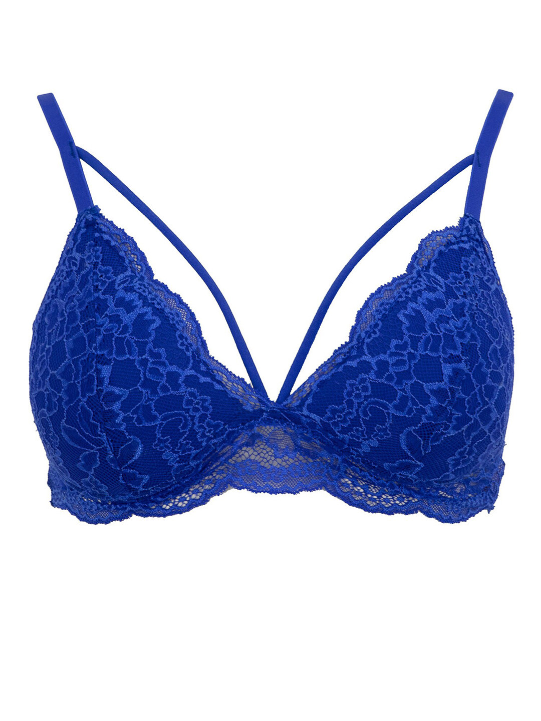 

DeFacto Floral Medium Coverage Lightly Padded Lace Plunge All Day Comfort Bra, Blue