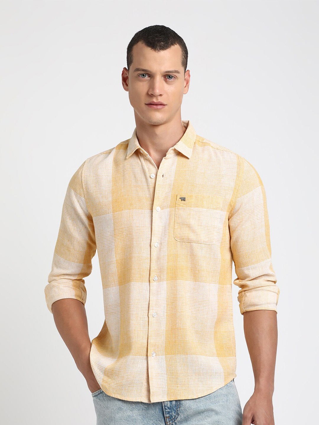 

THE BEAR HOUSE Slim Fit Micro Checked Casual Shirt, Yellow