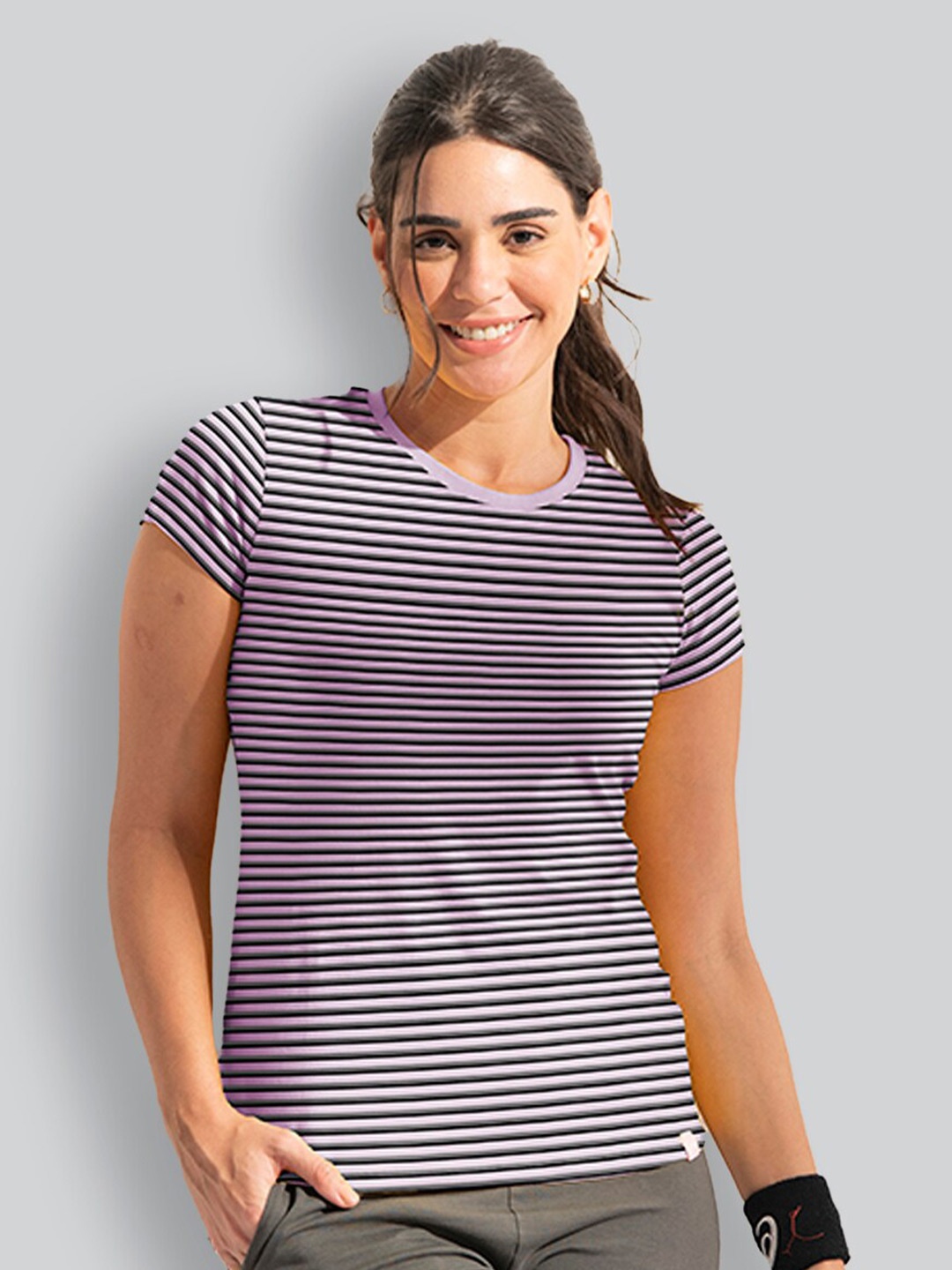 

LYRA Striped Anti Odour Cotton Sports T-shirt, Lavender