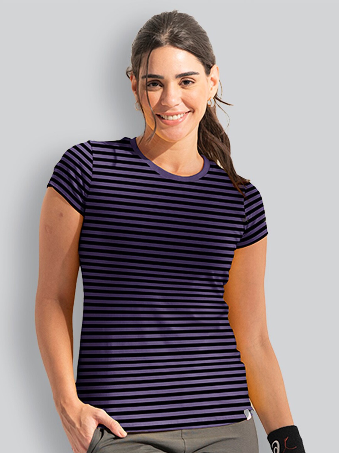 

LYRA Striped Anti Odour Cotton Sports T-shirt, Purple