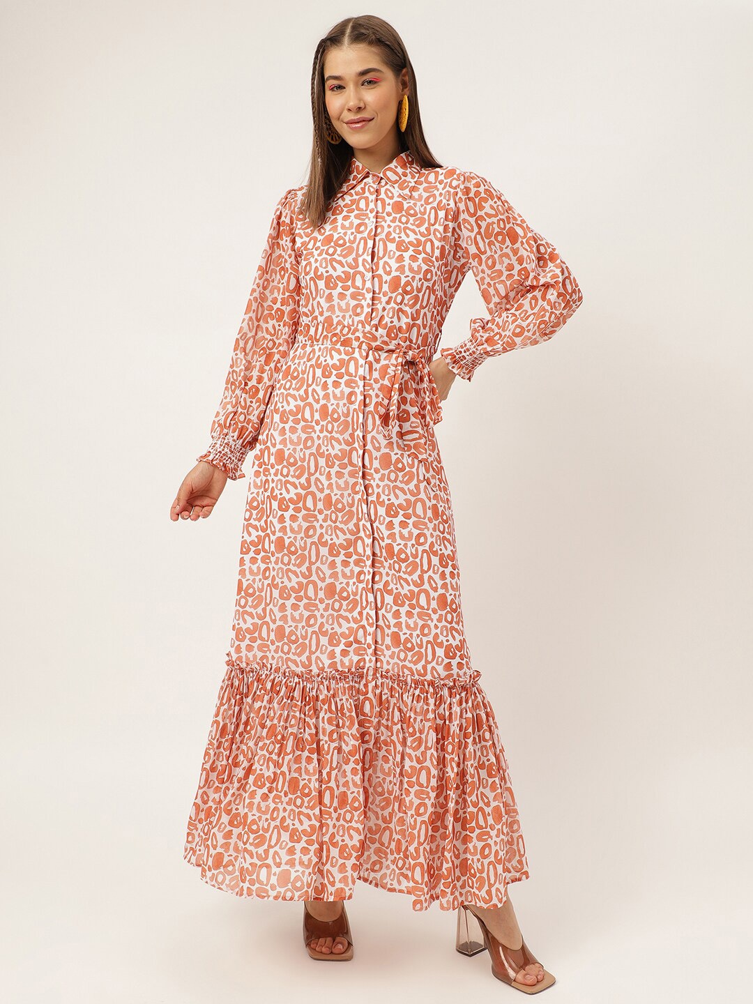 

Masakali.Co Abstract Printed Shirt Collar Puff Sleeves Tie-Up Maxi Dress, Orange
