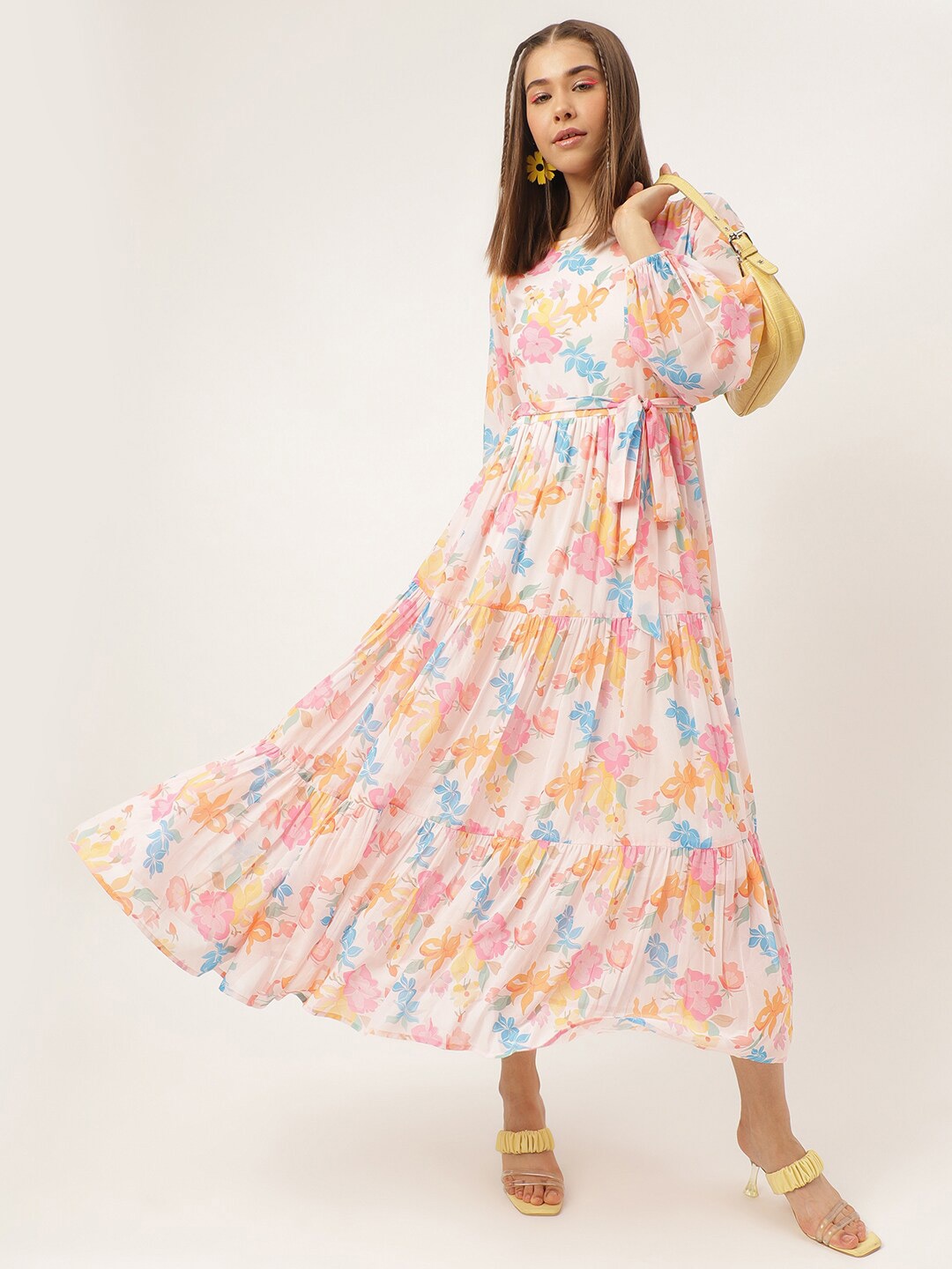 

Masakali.Co Floral Printed Puff Sleeve Tie-Up Tiered Maxi Dress, Pink