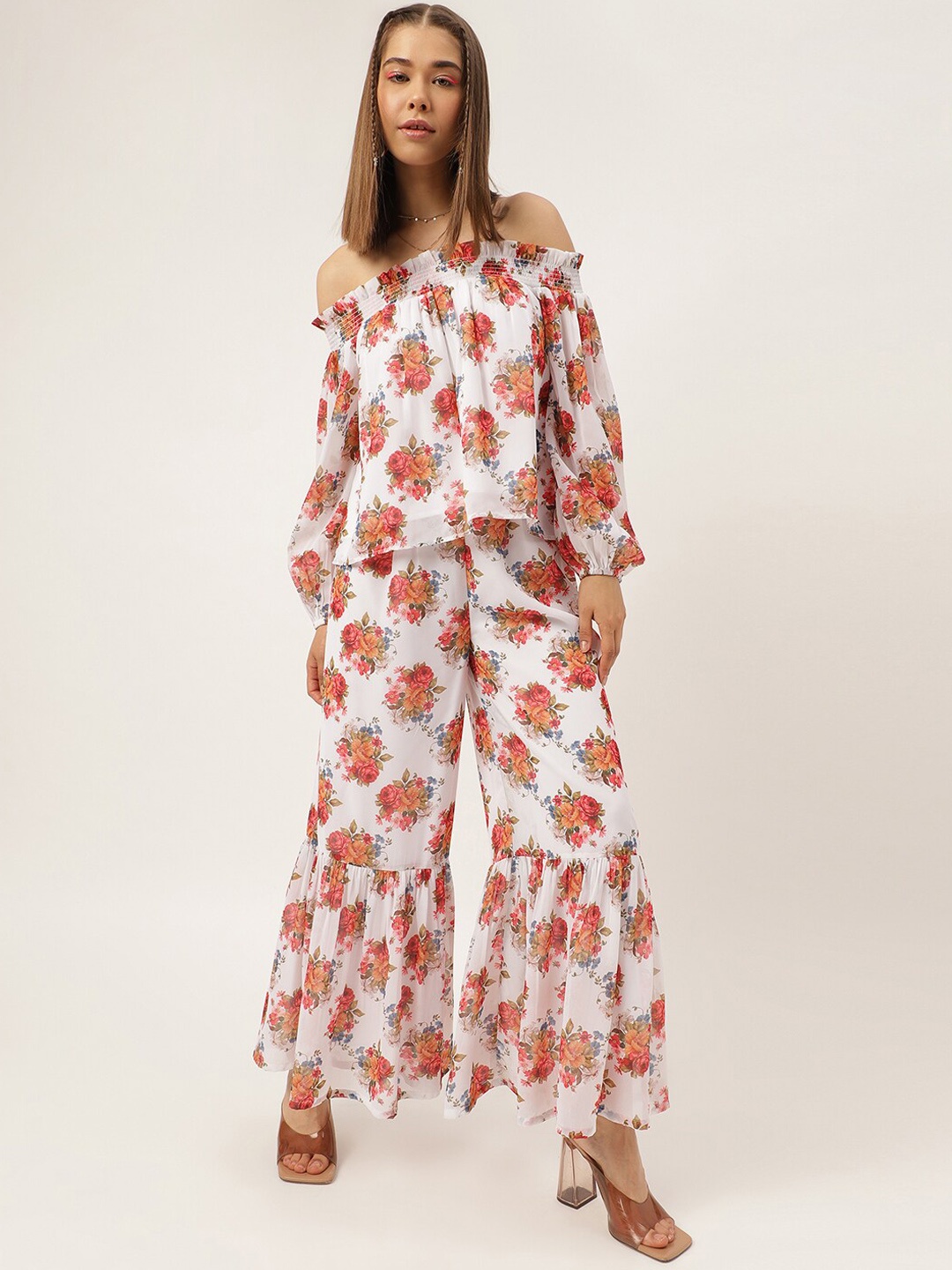 Masakali.Co Floral Printed Off-Shoulder Puff Sleeves Top With Sharara, White