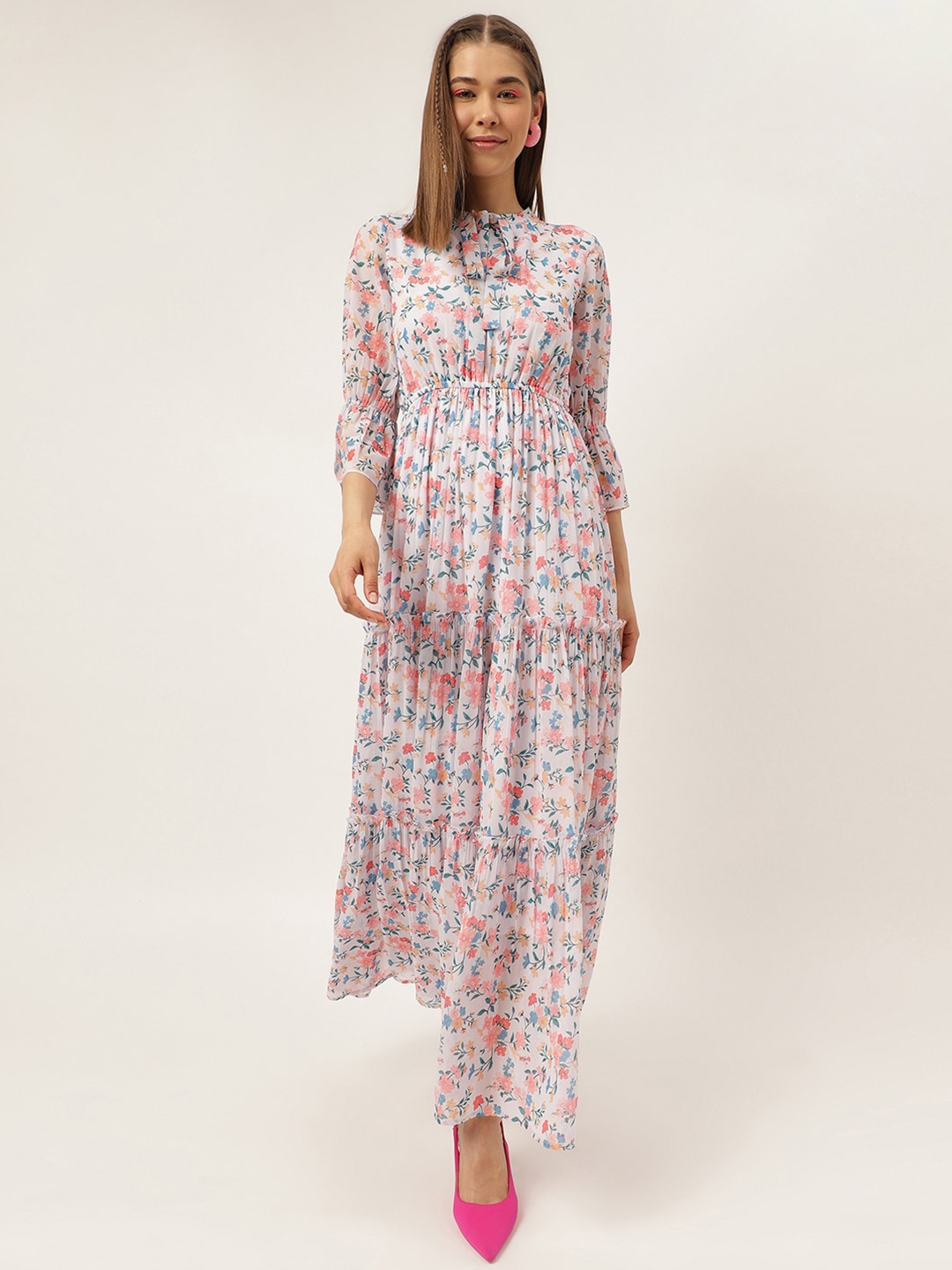 

Masakali.Co Floral Printed Tie-Up Neck Tiered Maxi Dress, White