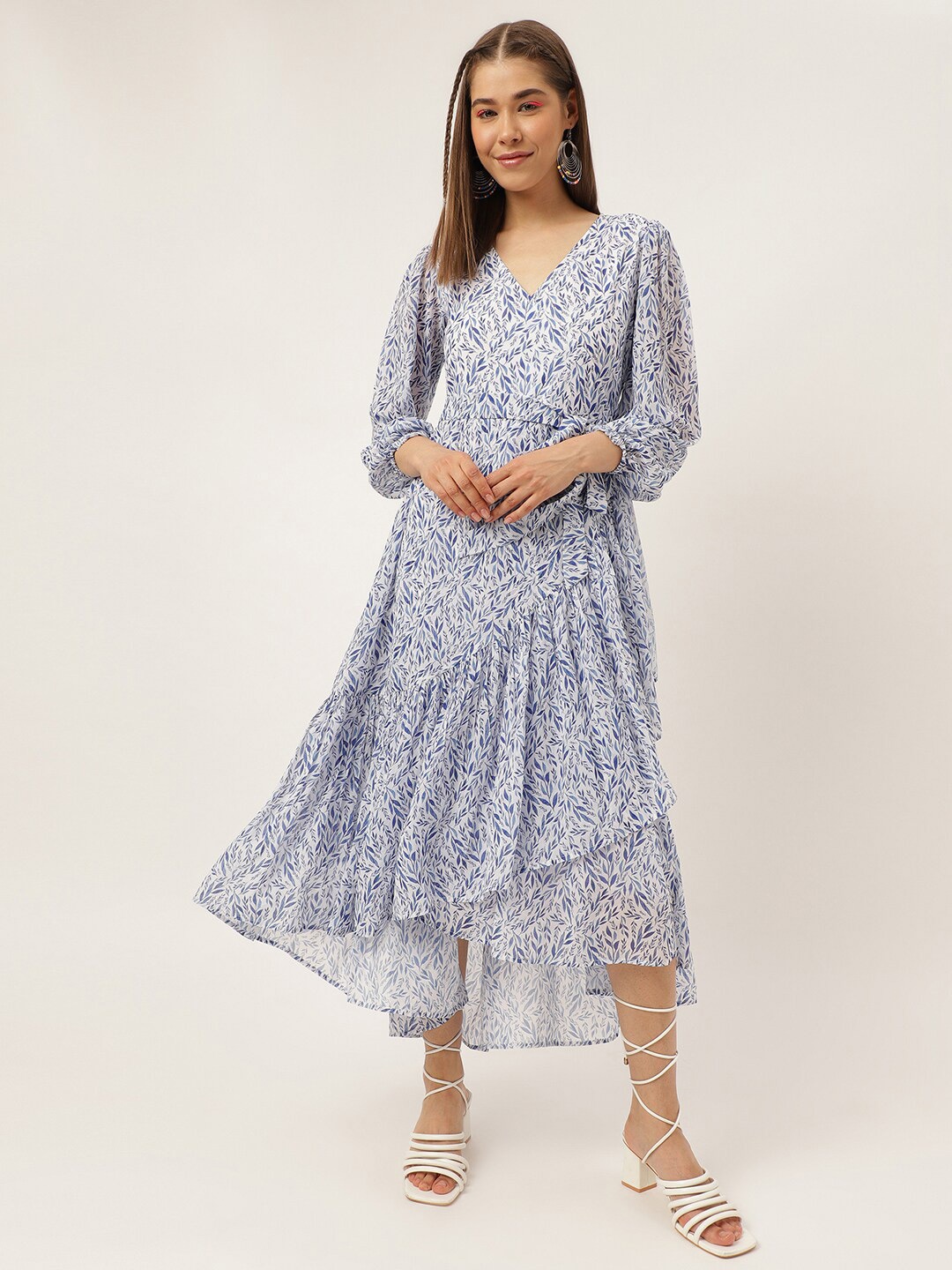 

Masakali.Co Floral Printed V-Neck Puff Sleeves Wrap Midi Dress, White