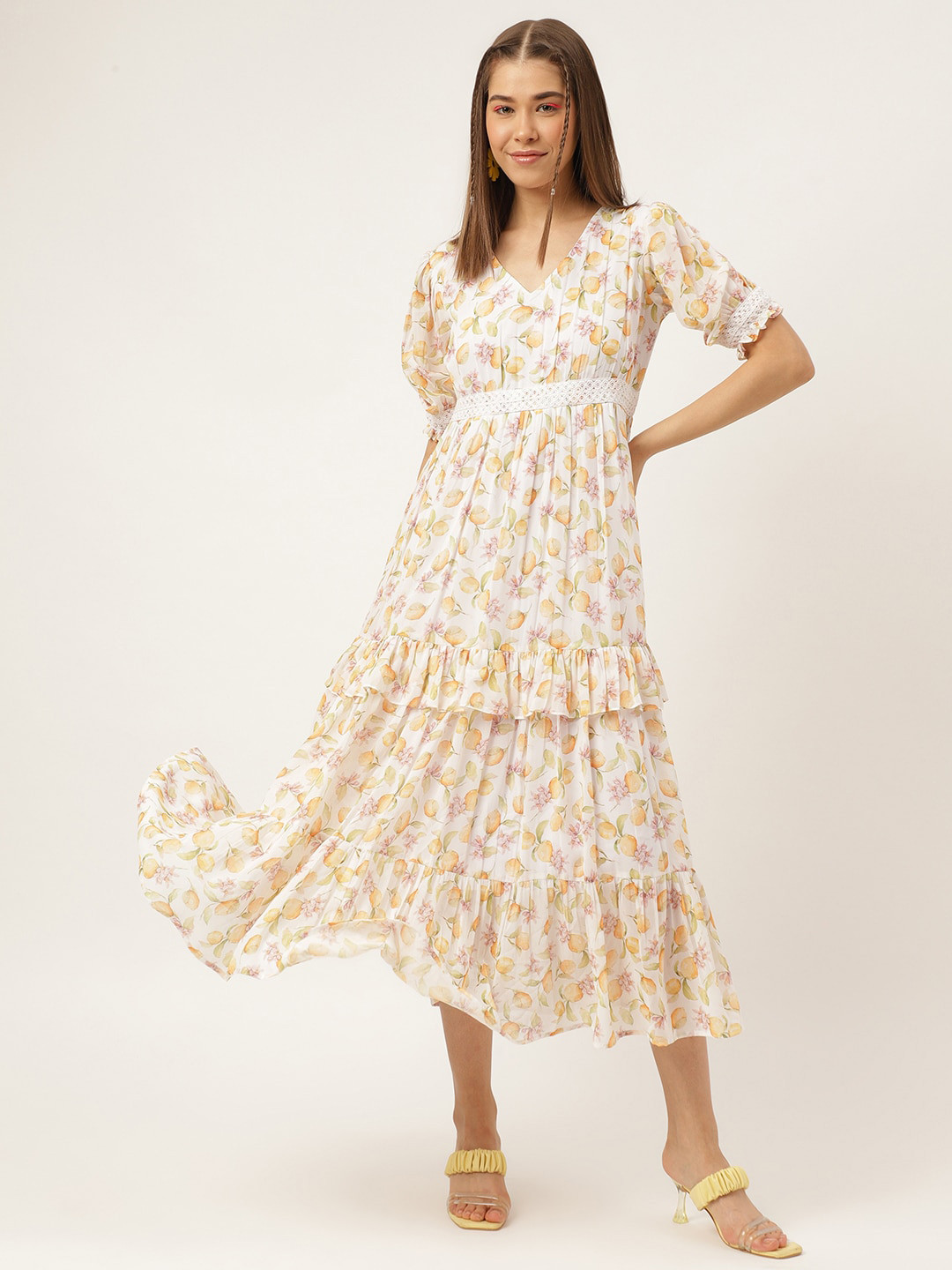 

Masakali.Co Floral Printed Puff Sleeve Ruffled Tiered A-Line Midi Dress, Yellow
