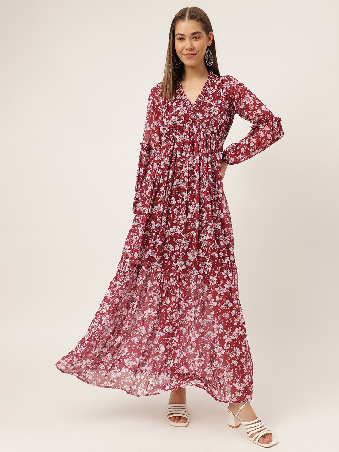 

Masakali.Co Floral Printed V-Neck Tiered Empire Maxi Dress, Red