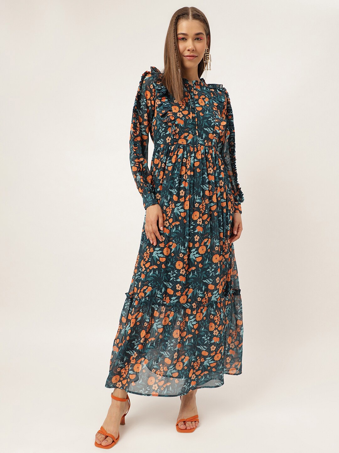 

Masakali.Co Floral Printed Tie-Up Neck Pleated Tiered Maxi Dress, Blue