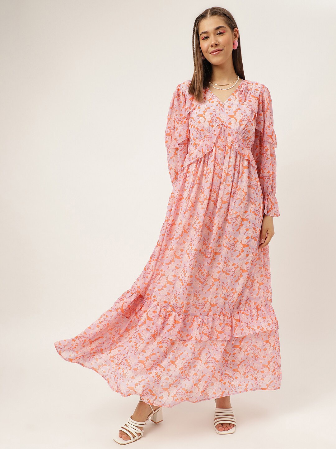 

Masakali.Co Floral Printed V-Neck Long Sleeves Ruffled Tiered Maxi Dress, Pink