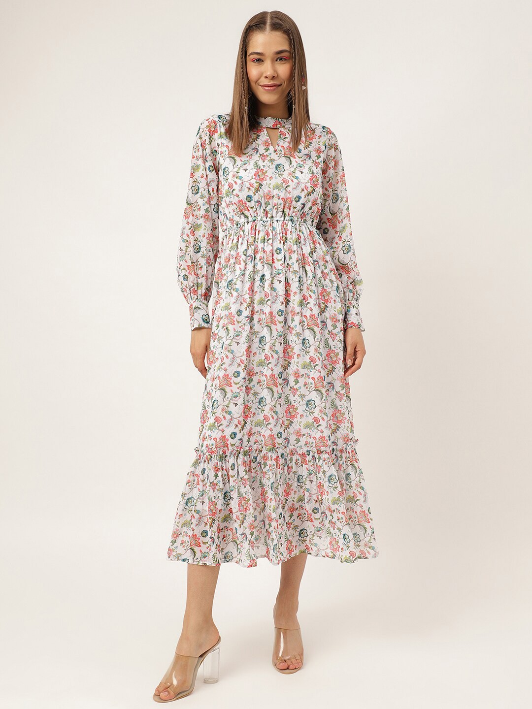 

Masakali.Co Floral Printed Keyhole Neck Puff Sleeve Fit & Flare Midi Dress, White