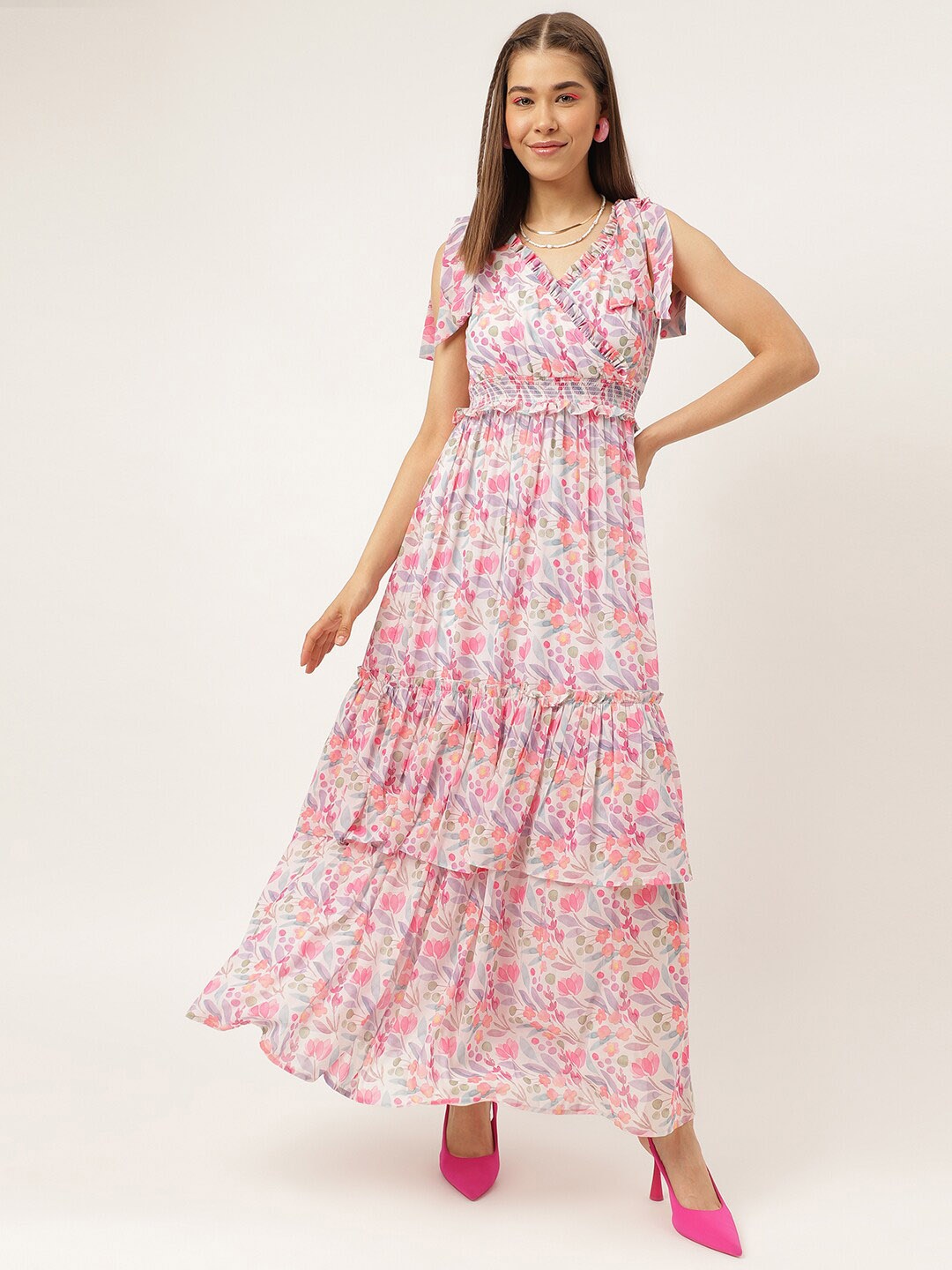 

Masakali.Co Floral Printed V-Neck Layered Sleeveless Maxi Dress, Pink