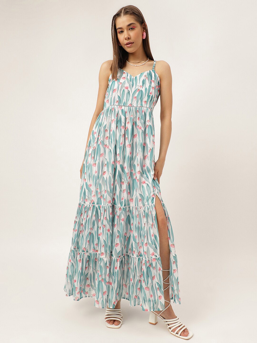 

Masakali.Co Floral Printed Shoulder Straps Tiered Side Slit Maxi Dress, White