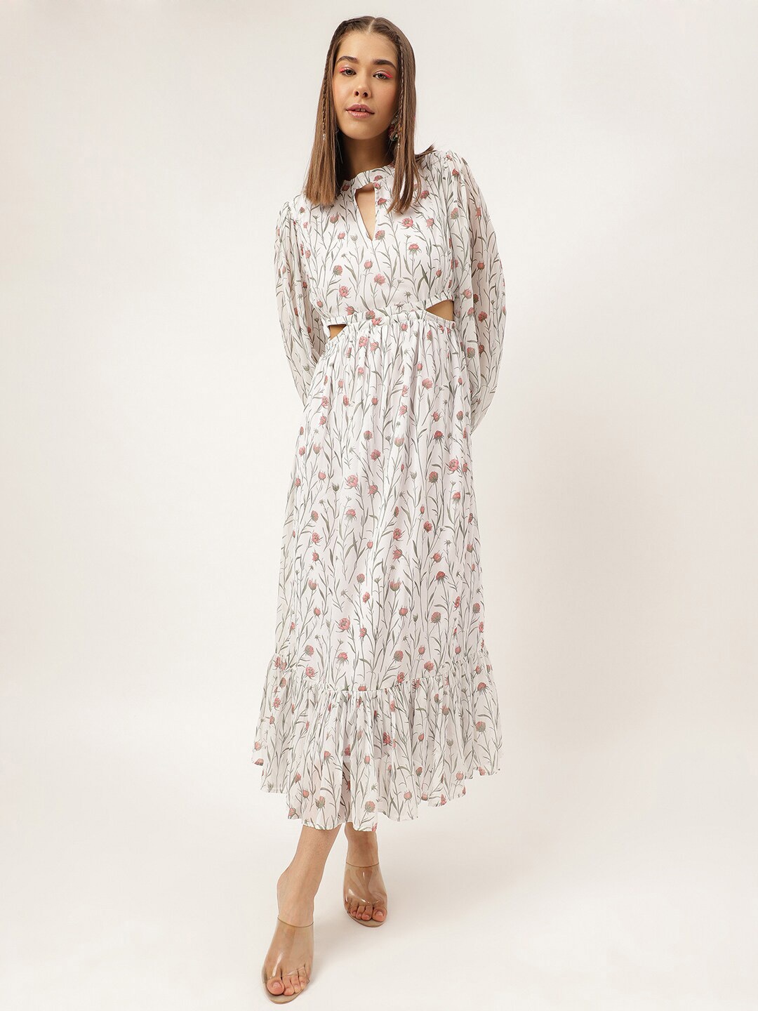 

Masakali.Co Floral Printed Keyhole Neck Cut-Out Fit & Flare Midi Dress, White