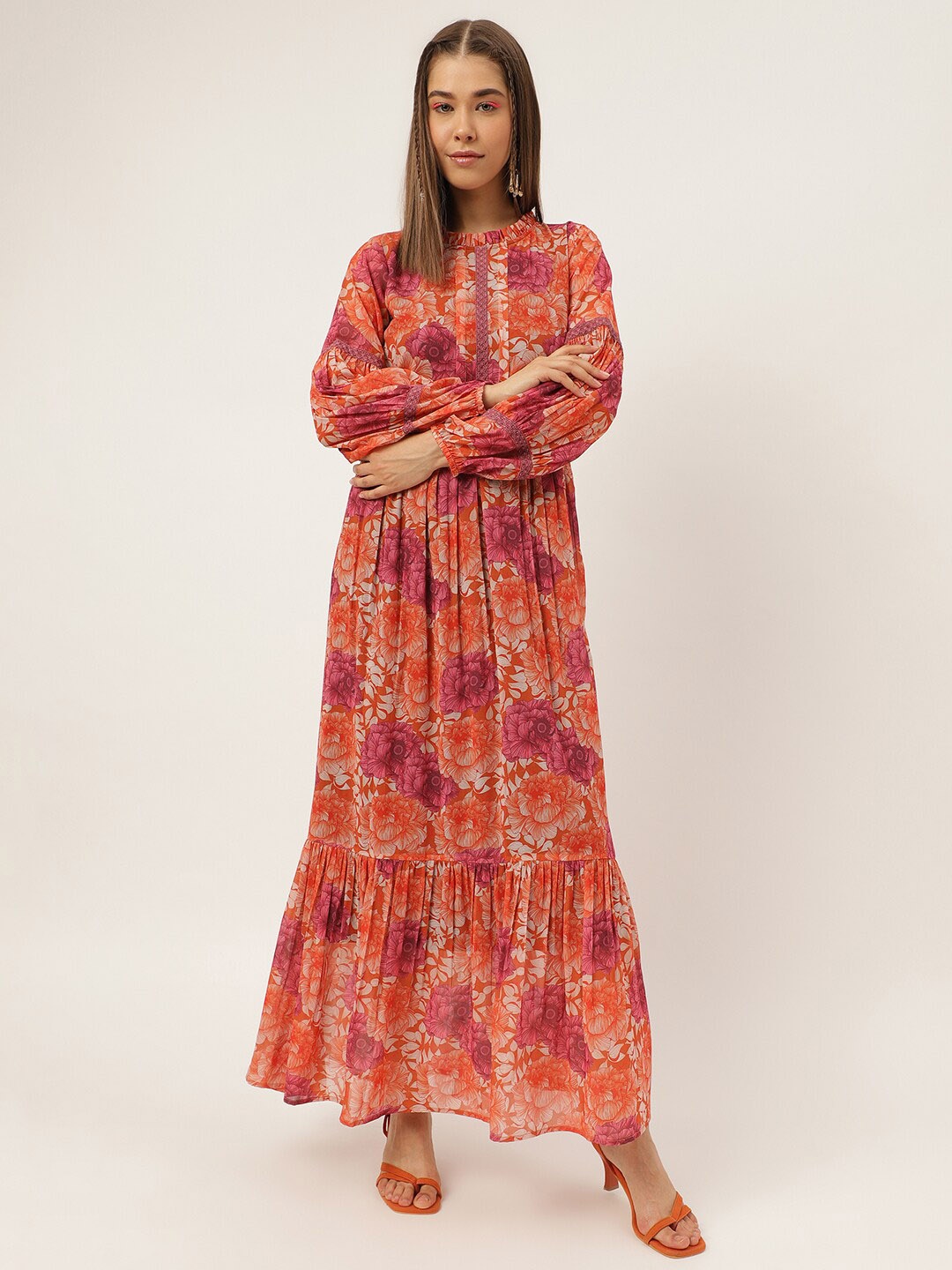 

Masakali.Co Ethnic Motifs Printed Puff Sleeves Pleated Maxi Dress, Orange