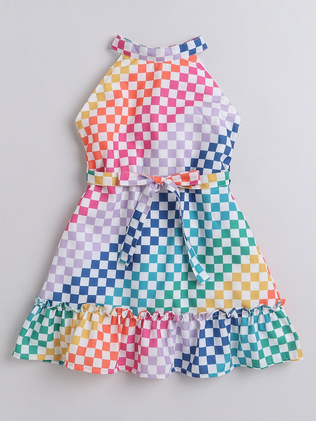 

taffykids Girls Geometric Printed Halter Neck Sleeveless A-Line Dress, Blue