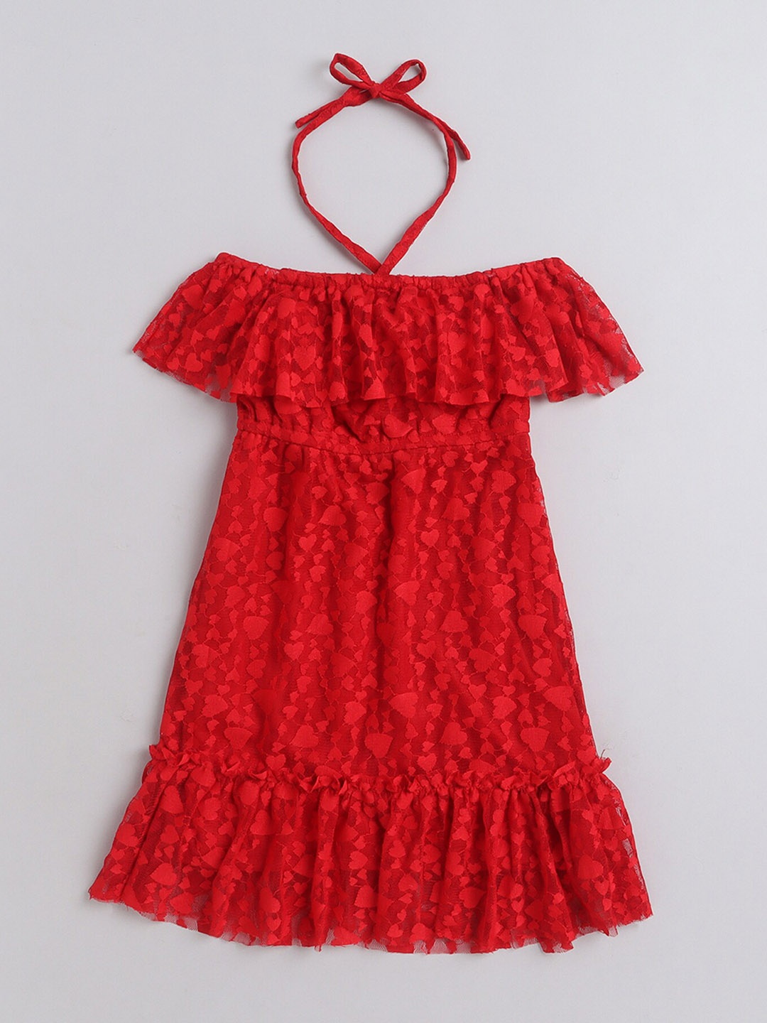 

taffykids Girls Halter Neck Ruffles Detail A-Line Dress, Red