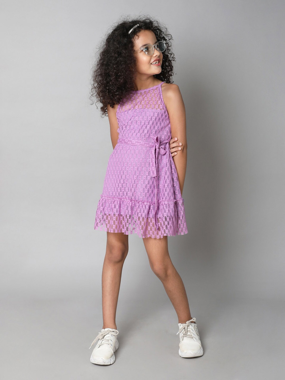 

taffykids Girls Self Design Halter Neck A-Line Dress, Purple