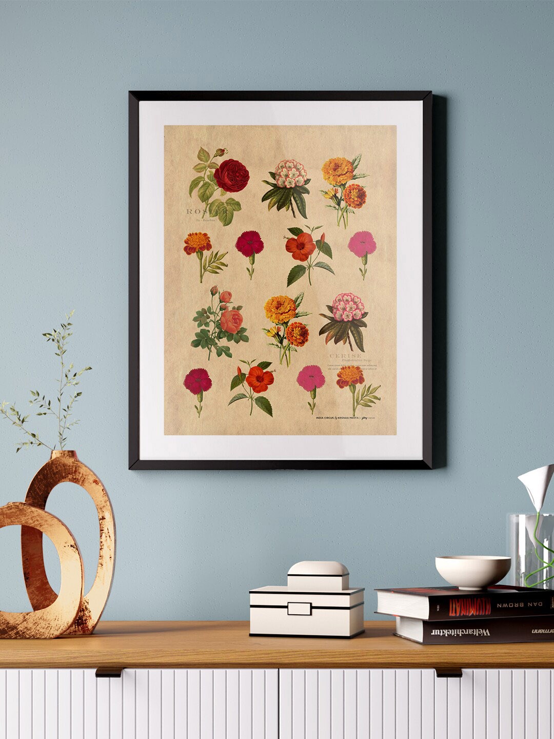 

India Circus by Krsnaa Mehta Beige & Red Floral Printed Framed Wall Art