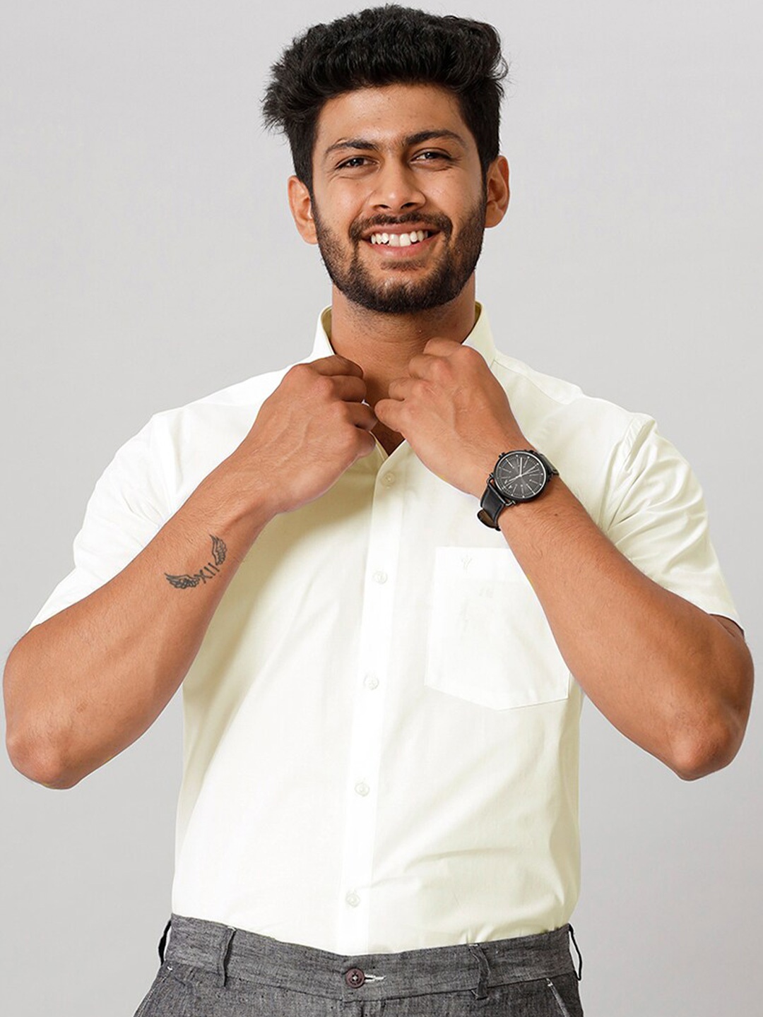 Ramraj Tailored Fit Spread Collar Formal Shirt, Cream