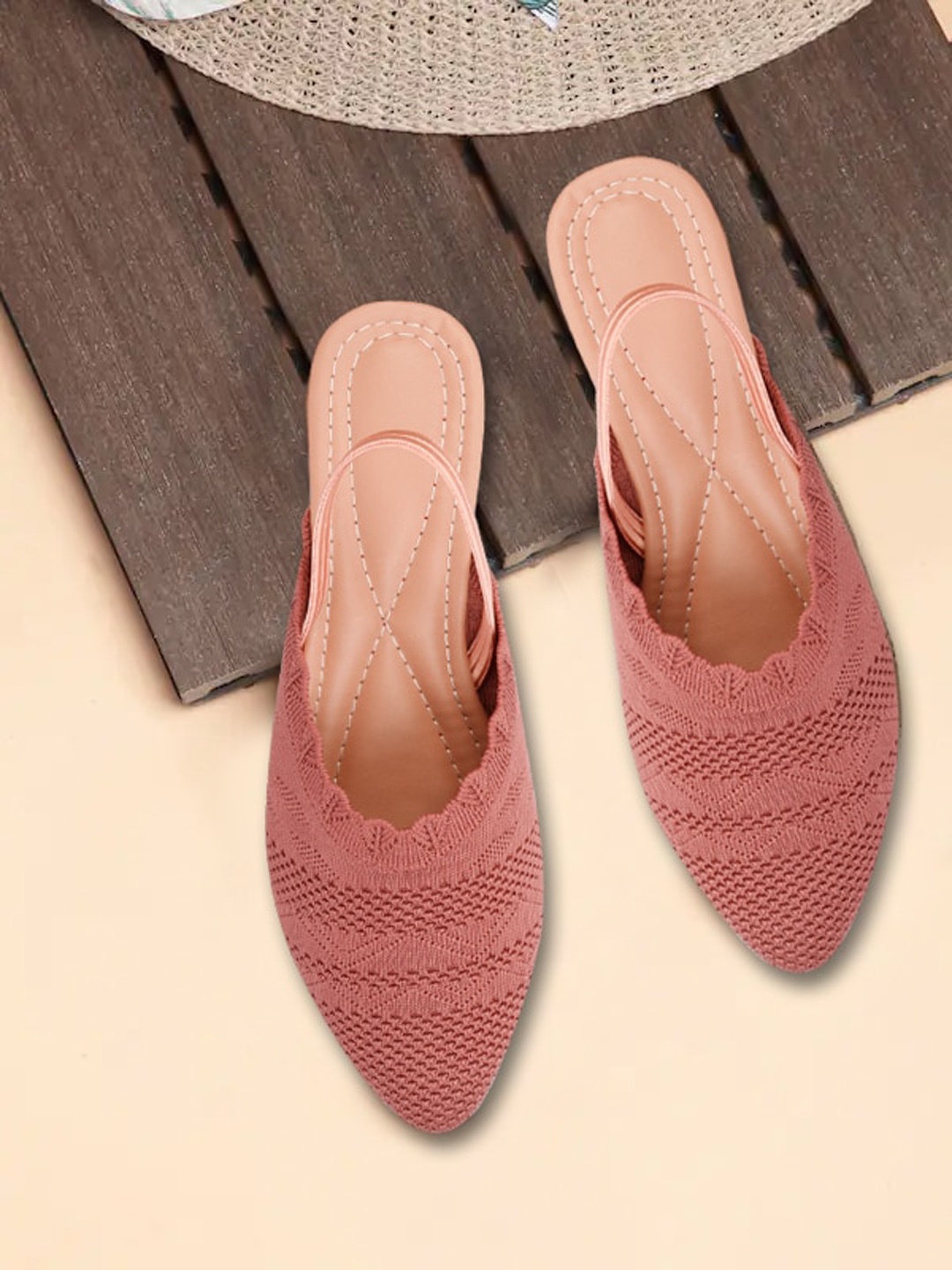 

sneakers villa Pointed Toe Textured Mules With Backstrap, Peach