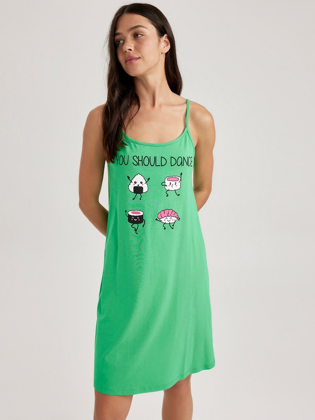 

DeFacto Typography Printed Cotton T-shirt Nightdress, Green