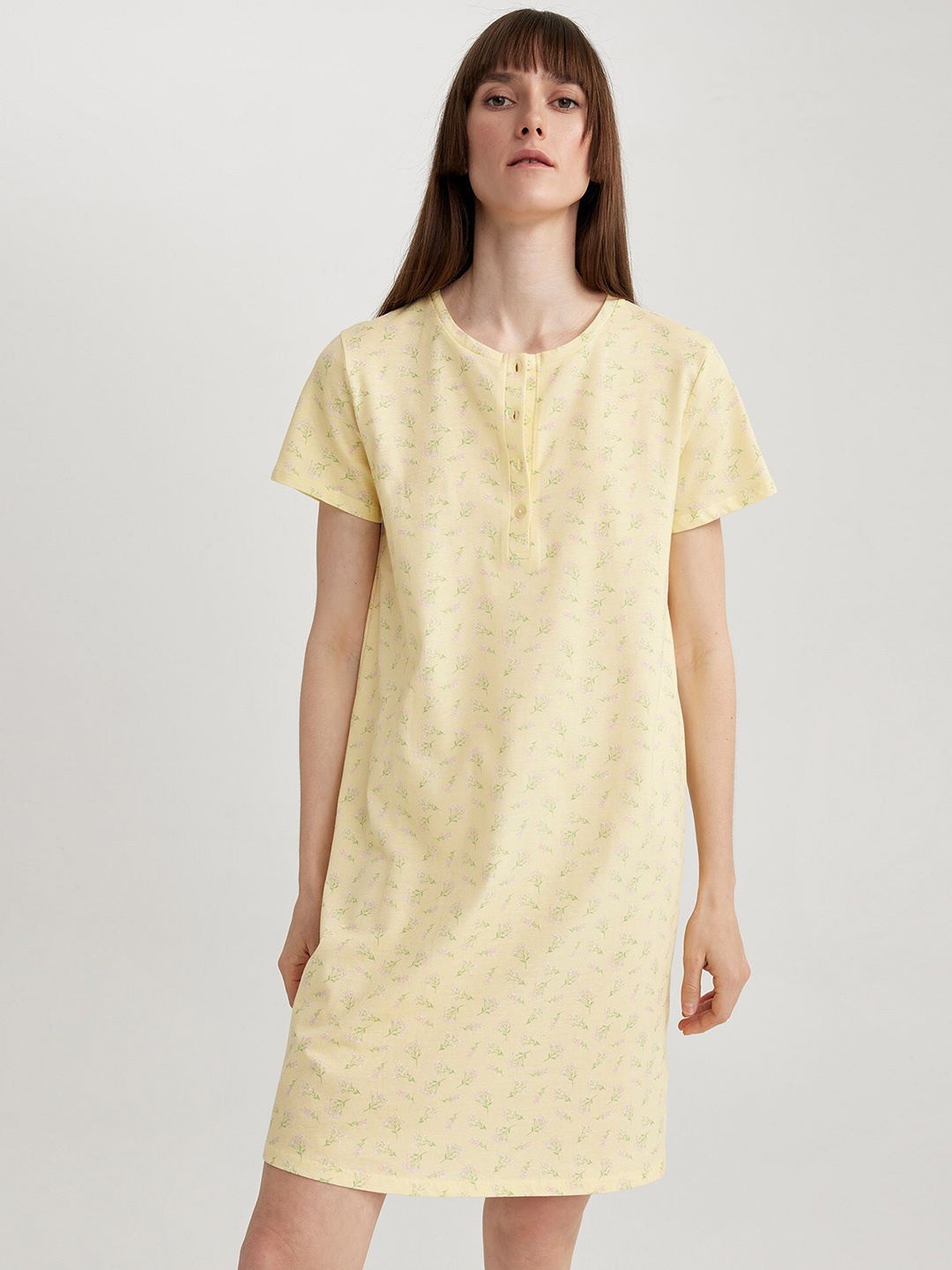 

DeFacto Floral Printed Pure Cotton T-shirt Nightdress, Yellow