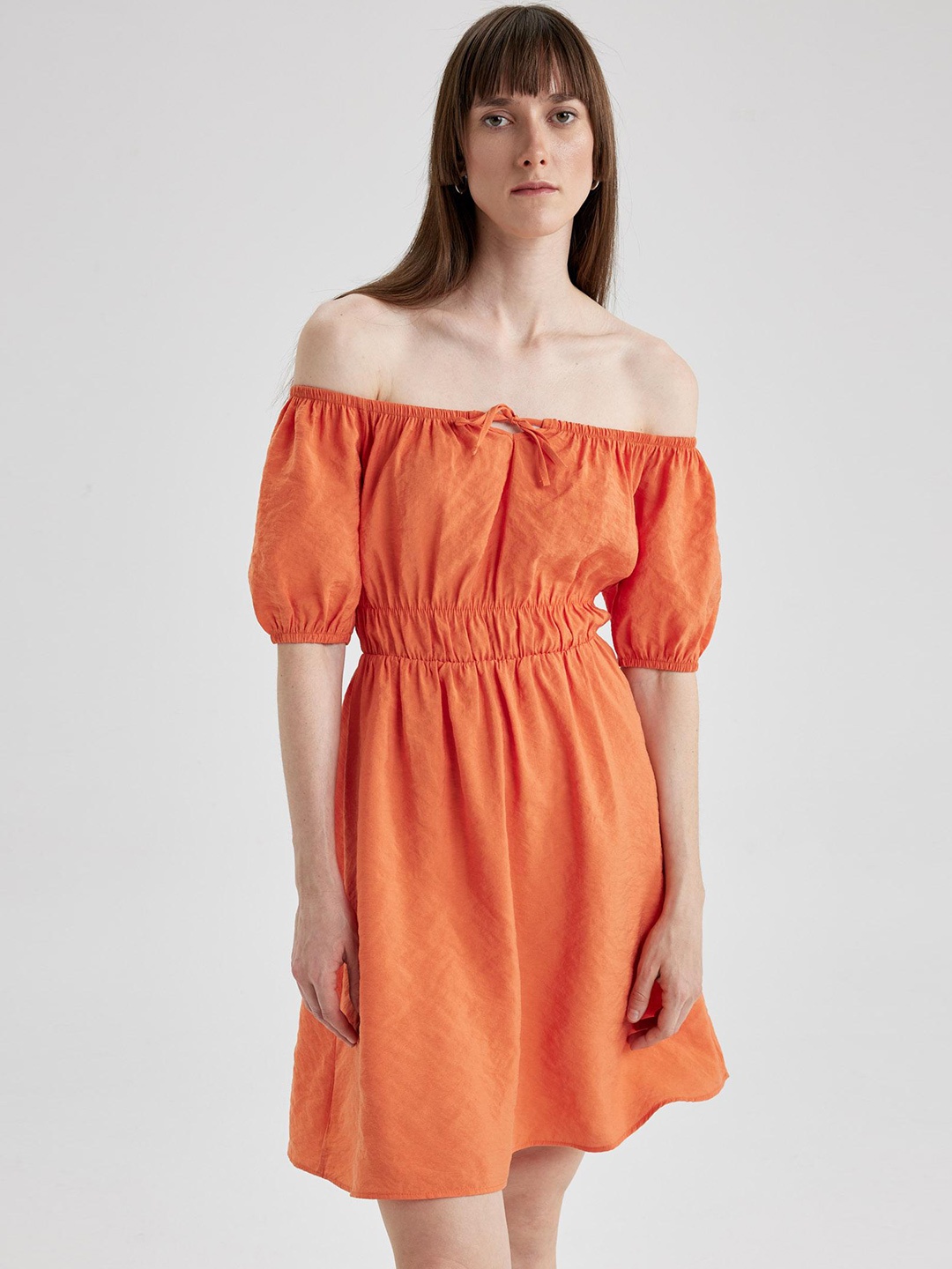 

DeFacto Puff Sleeves Off-Shoulder Fit & Flare Dress, Orange