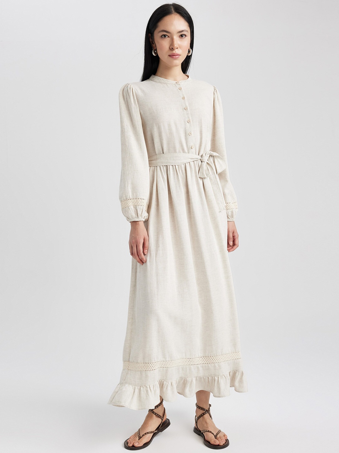 

DeFacto Belted Puff Sleeve Maxi Dress, Off white