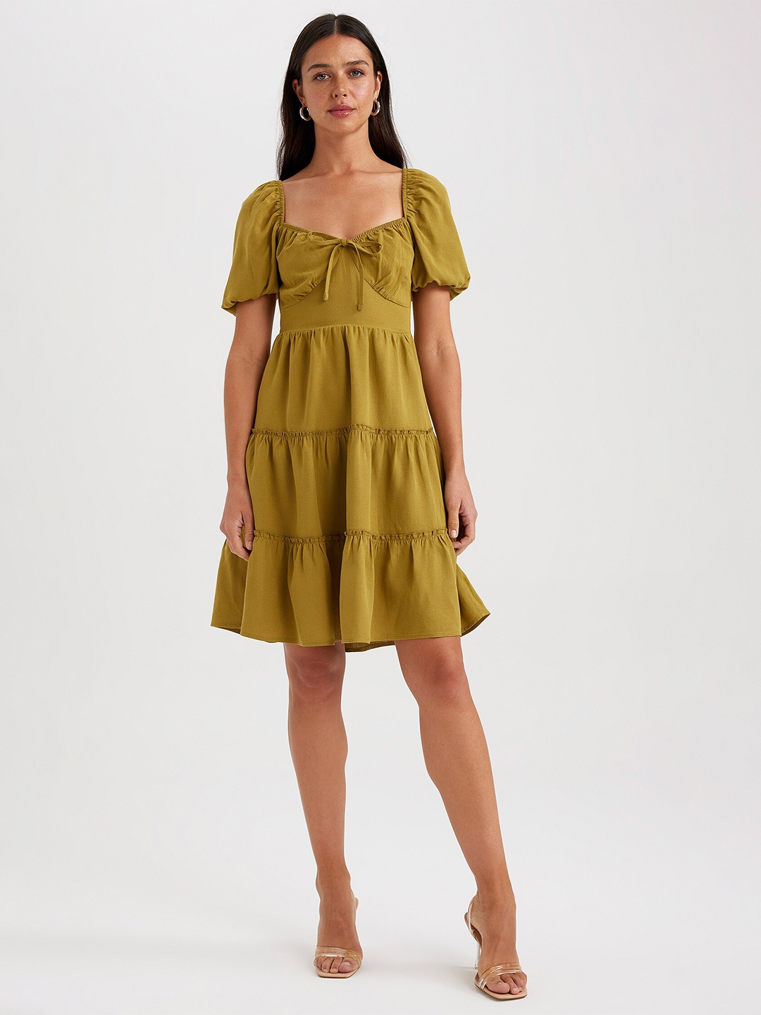 

DeFacto Puff Sleeve Tie-Up Detail Tiered Fit & Flare Dress, Green