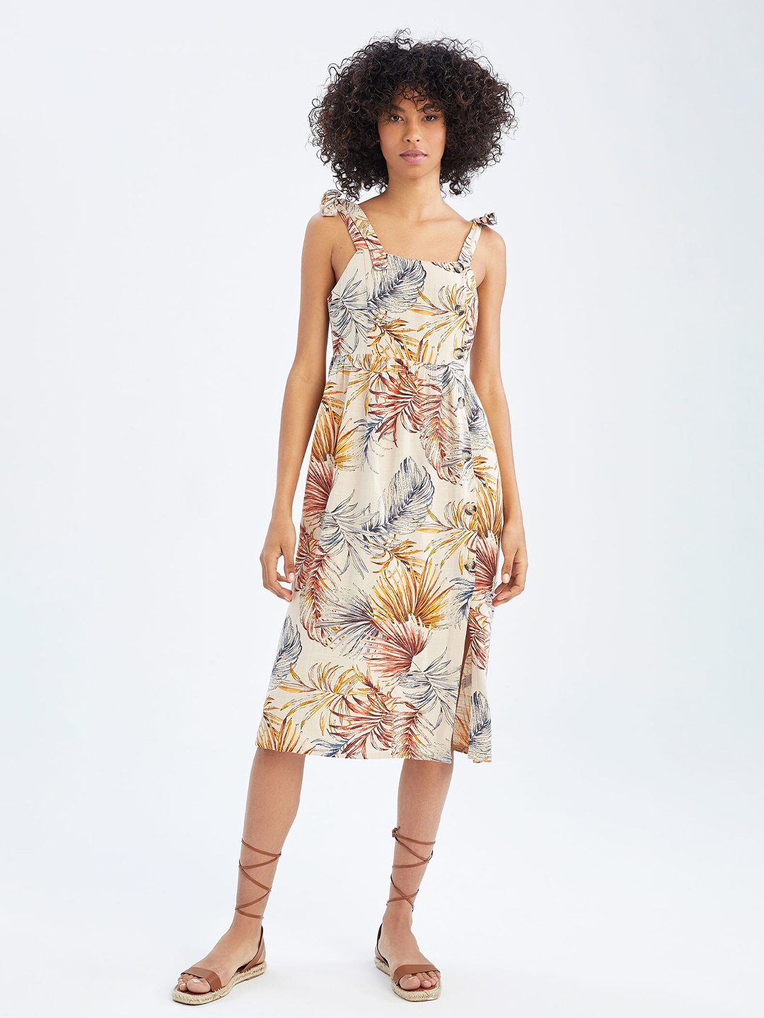 

DeFacto Tropical Printed Side Slit Tie-Up Detail A-Line Midi Dress, Beige