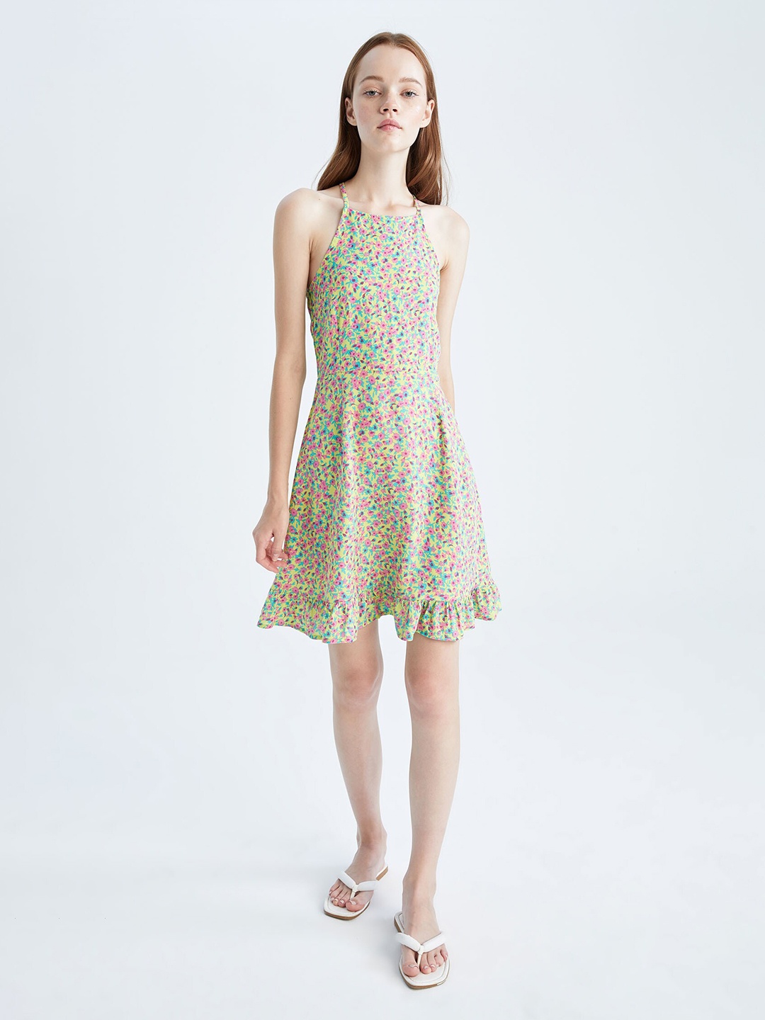 

DeFacto Floral Printed Flounce Fit & Flare Dress, Green