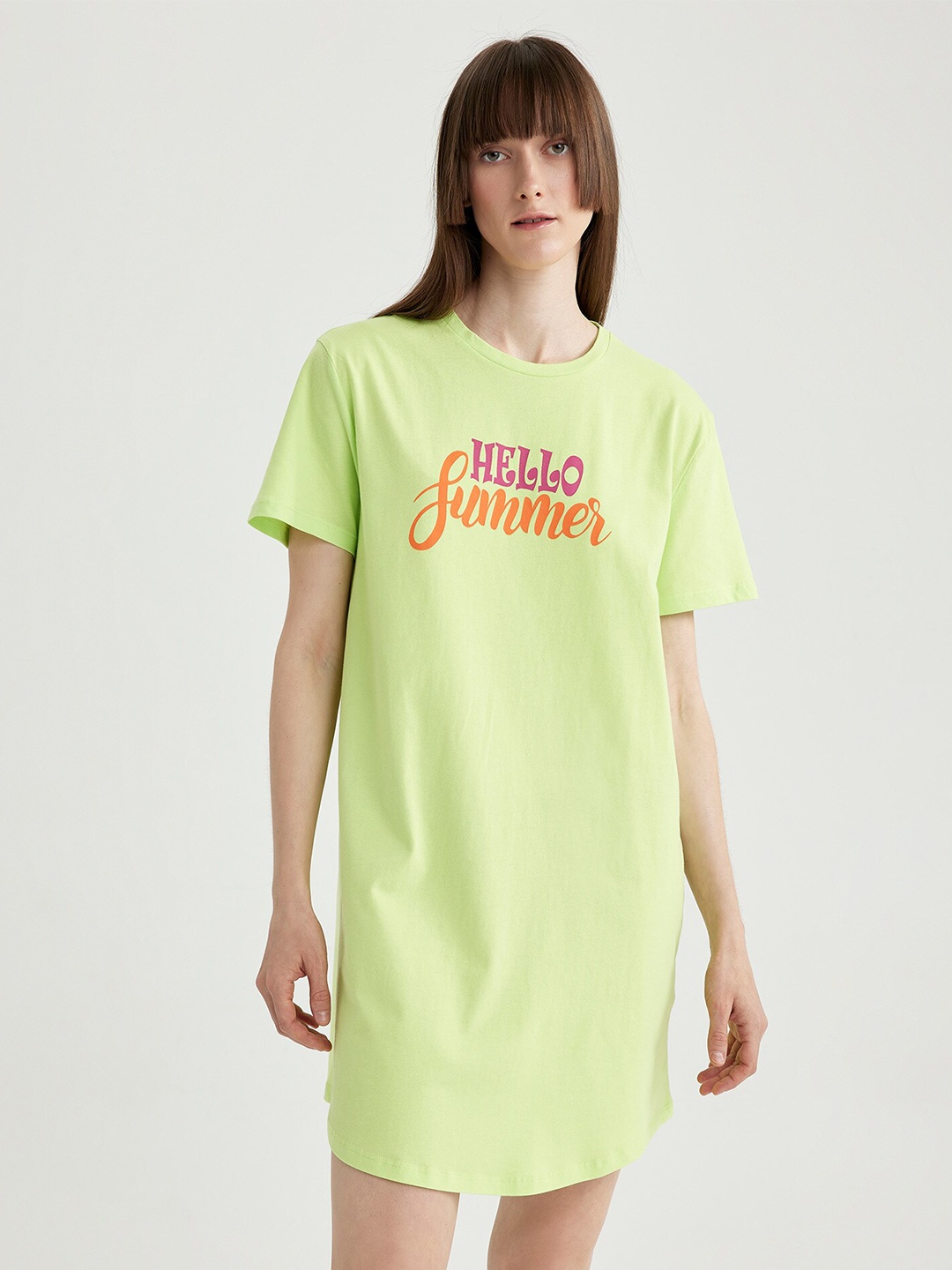 

DeFacto Printed Cotton T-shirt Dress, Fluorescent green
