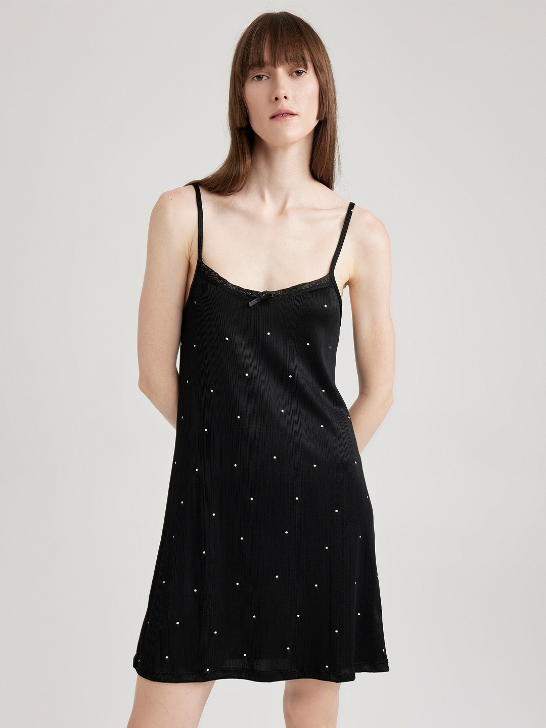 

DeFacto Polka Dot Printed Shoulder Strap A-Line Dress, Black