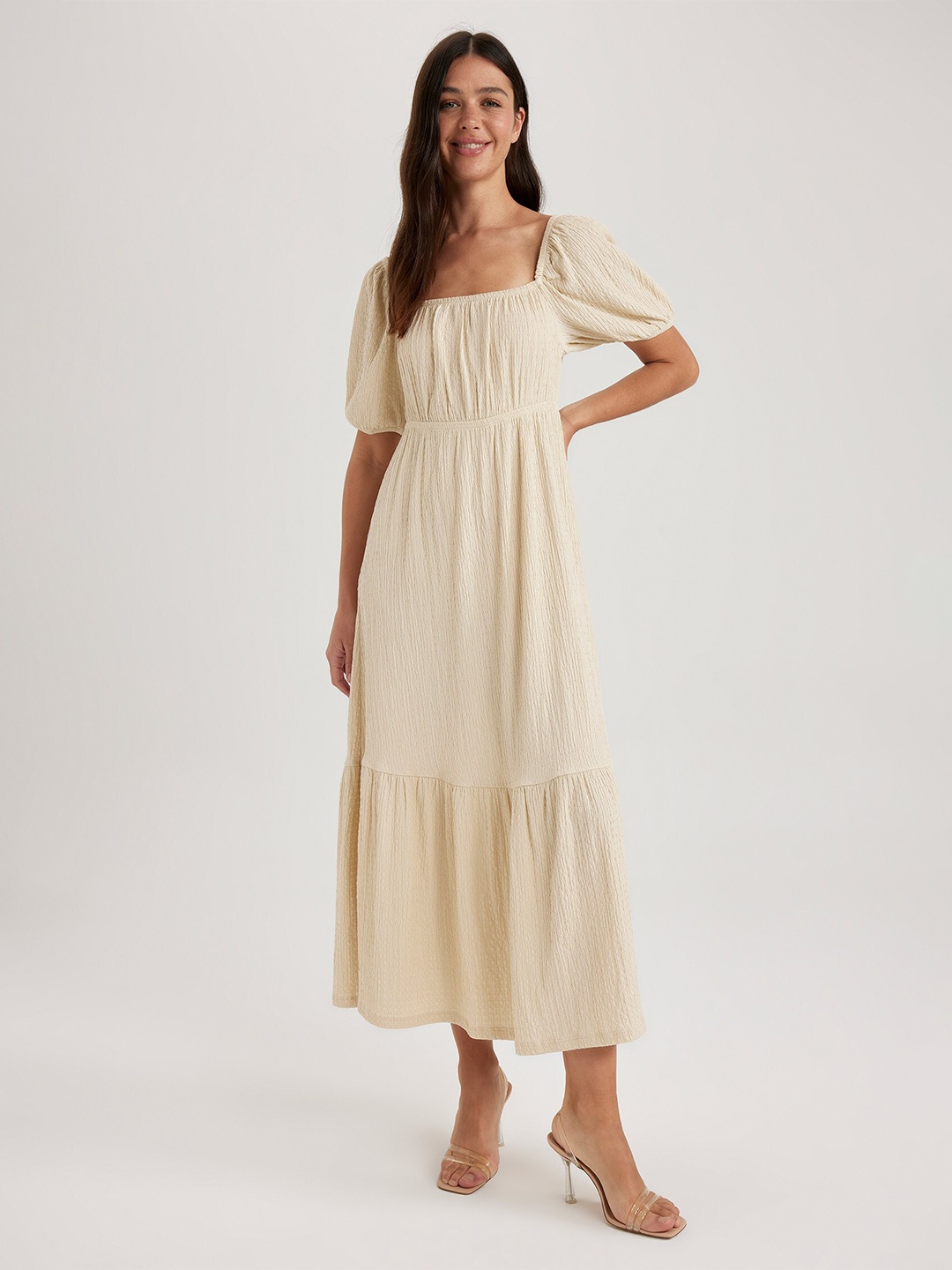 

DeFacto Square Neck A-Line Midi Dress, Beige