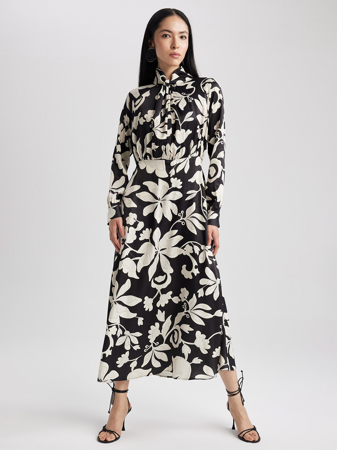 

DeFacto Floral Printed Shirt Maxi Dress, Black