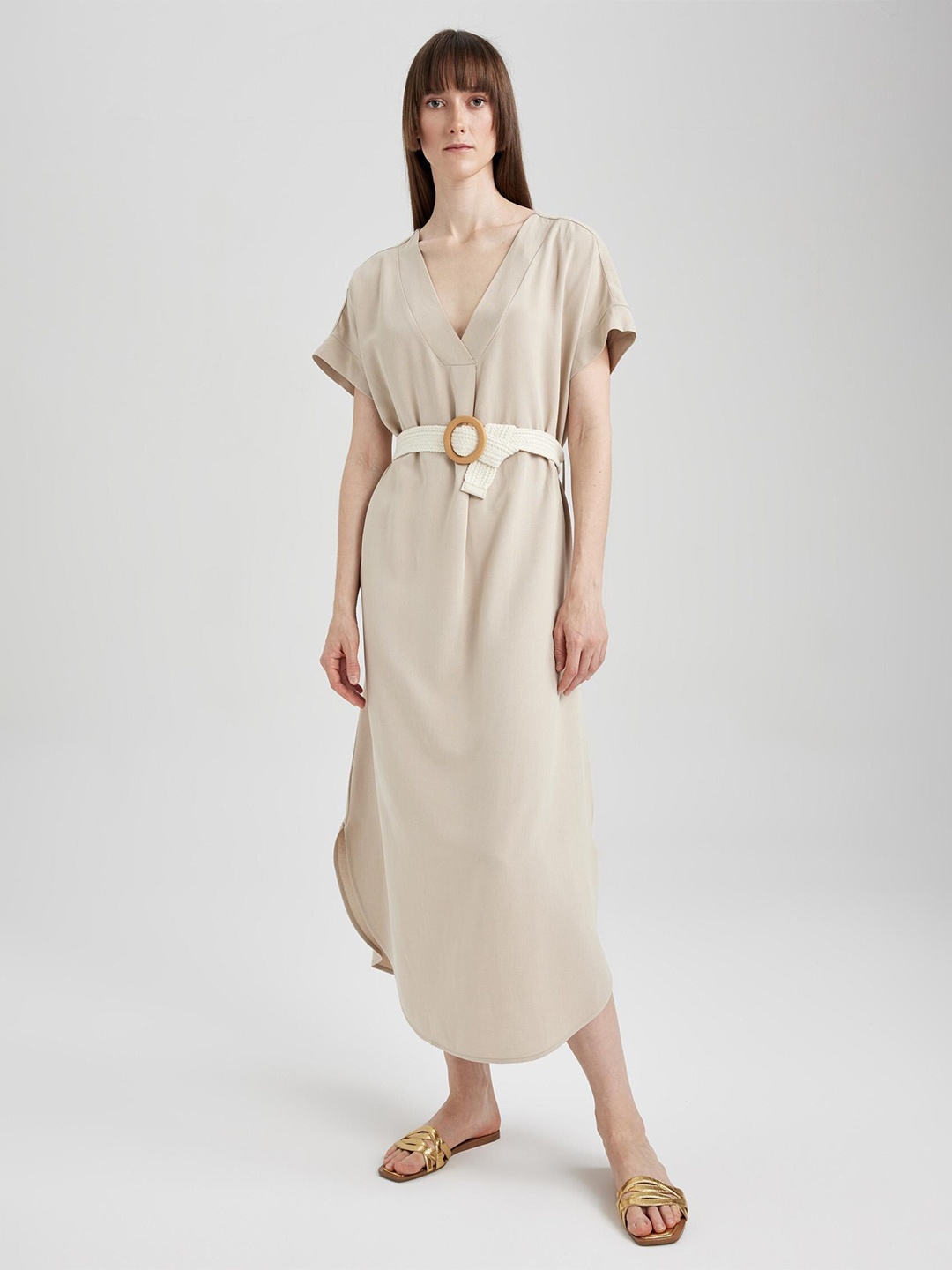 

DeFacto Belted A-Line Midi Dress, Beige