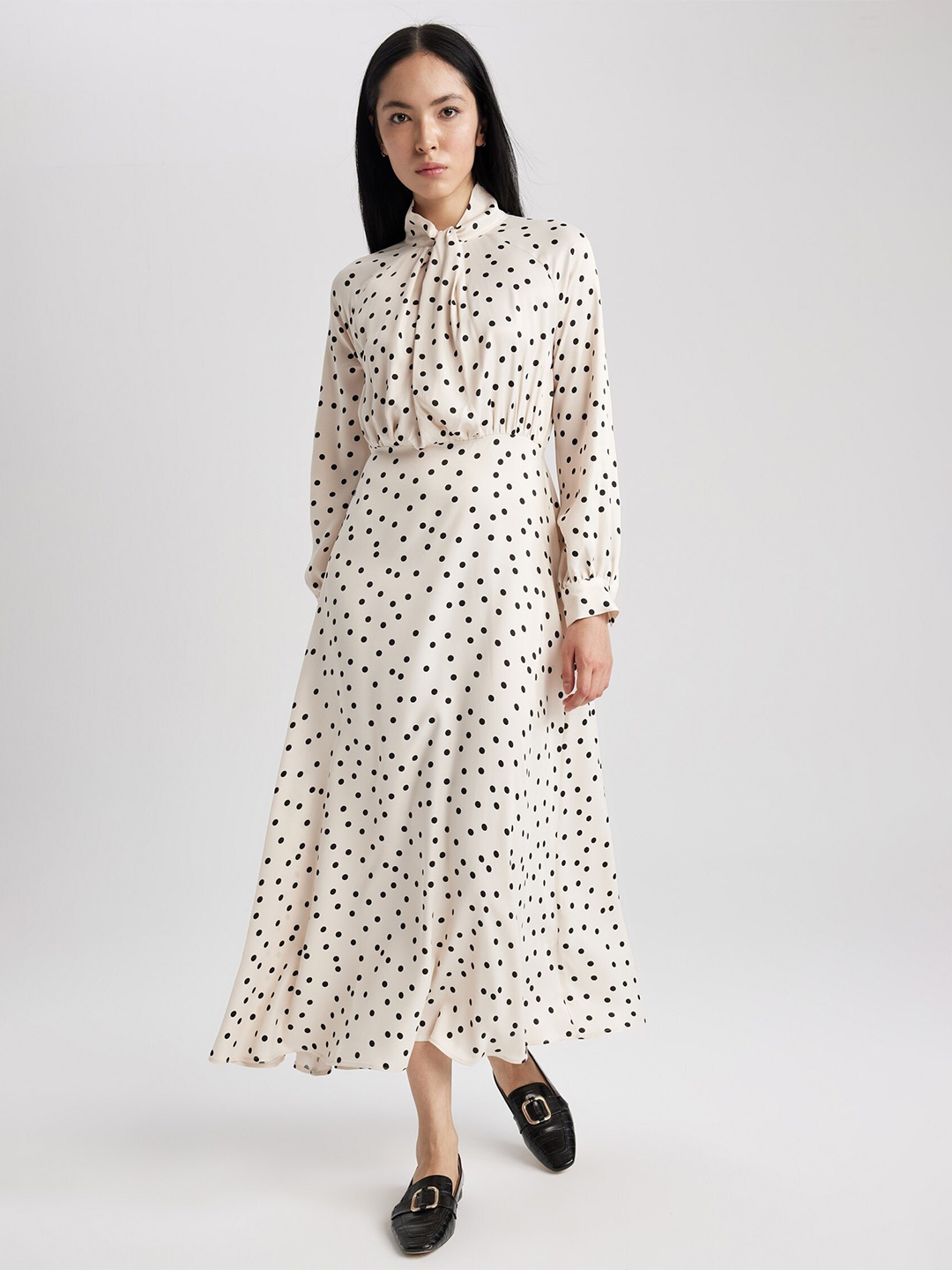 

DeFacto Polka Dot Printed Tie-Up Neck Maxi Dress, Off white