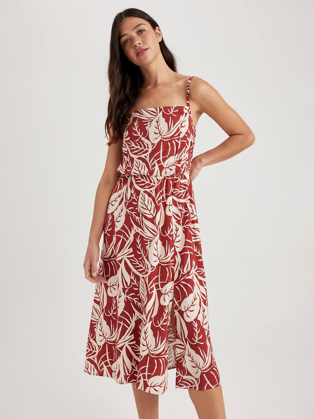 

DeFacto Printed Shoulder Strap A-line Dress, Brown