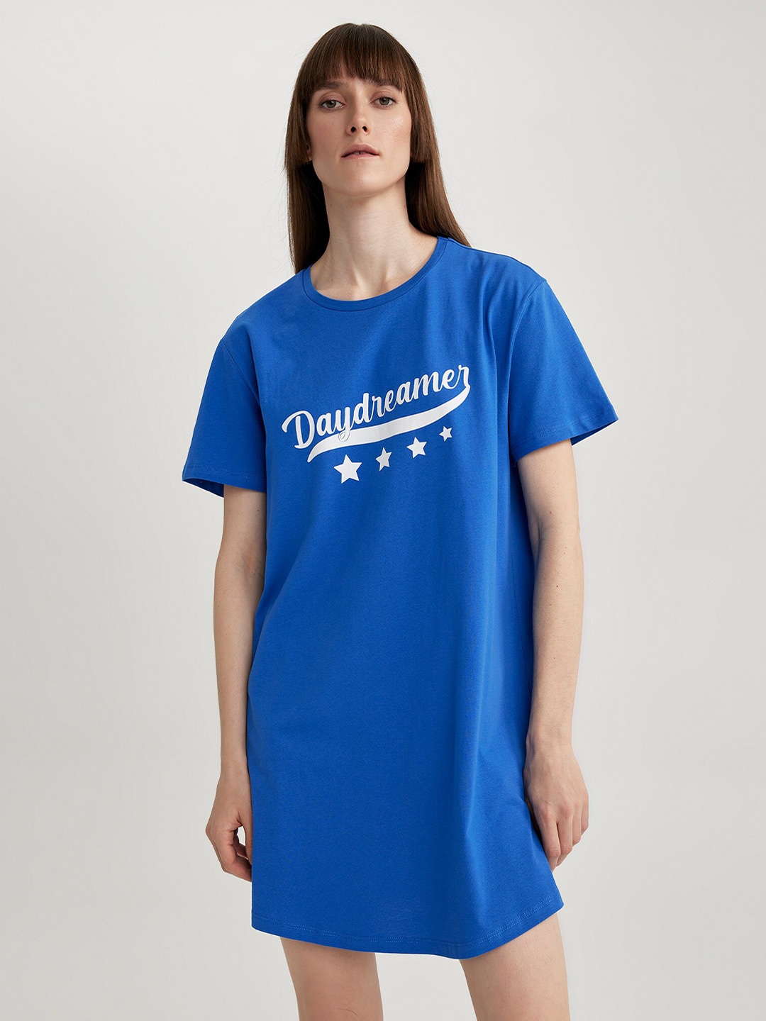 

DeFacto Typography Printed Pure Cotton T-shirt Nightdress, Blue