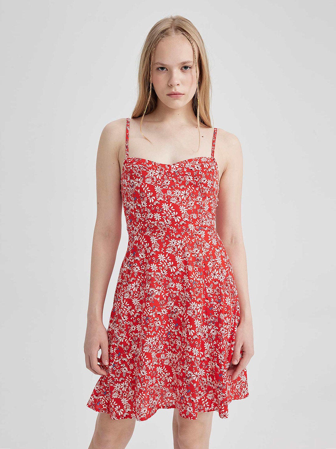 

DeFacto Floral Printed Shoulder Strap Fit & Flare Dress, Red